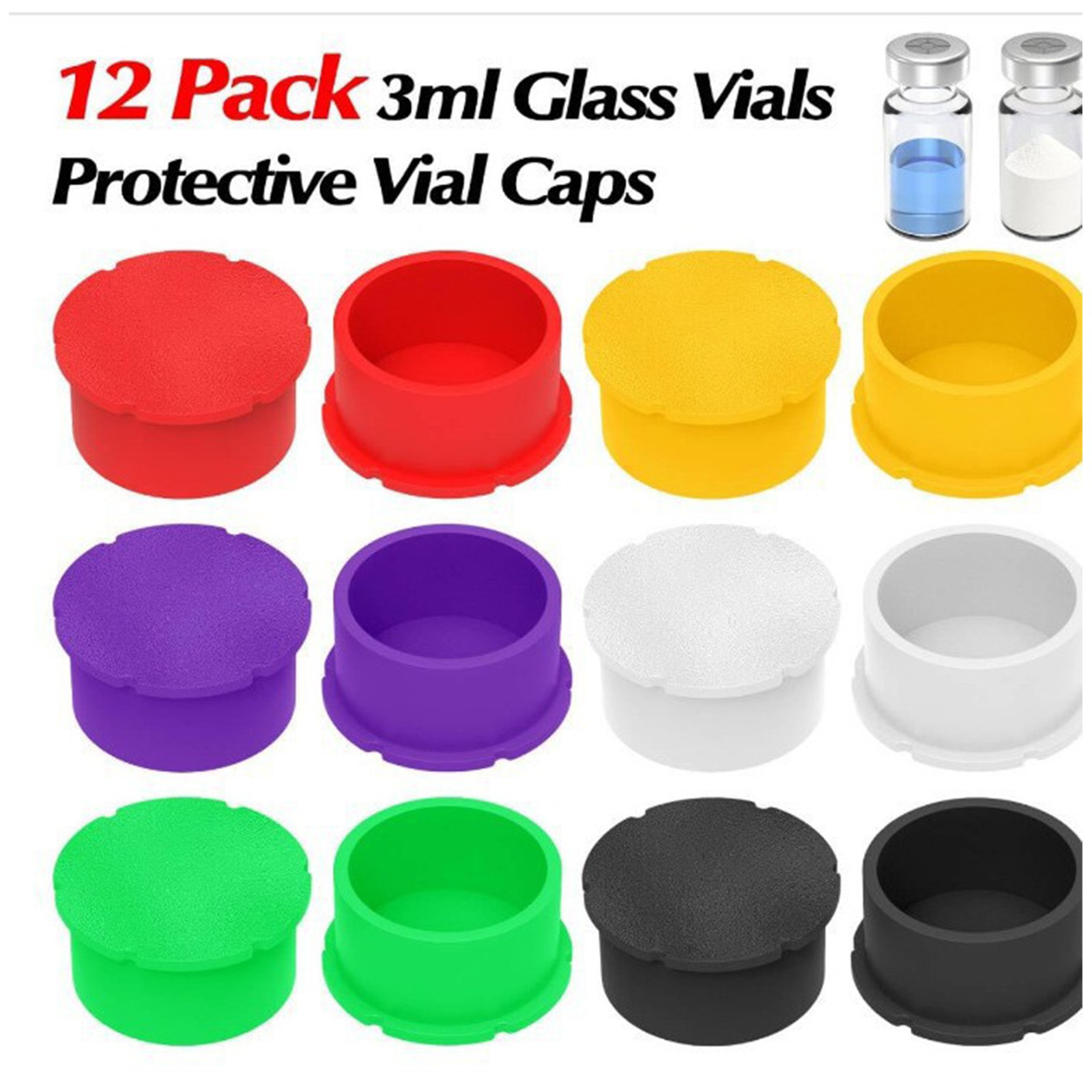 12Pack 3ml Glass Vials Protective Vial Caps 6 Colors Dust-Resistant Lids Covers