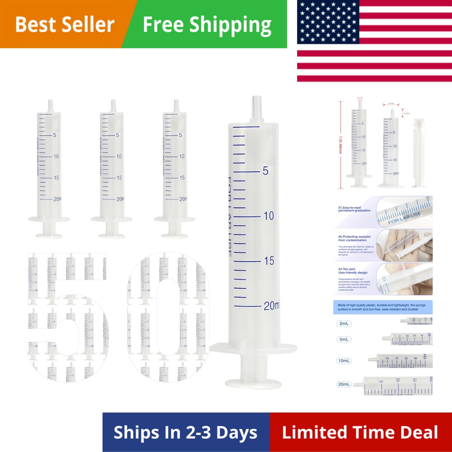 50 Pack 20 ml Plastic Syringe, luer Slip Syringe, Used in Scientific Laborato…