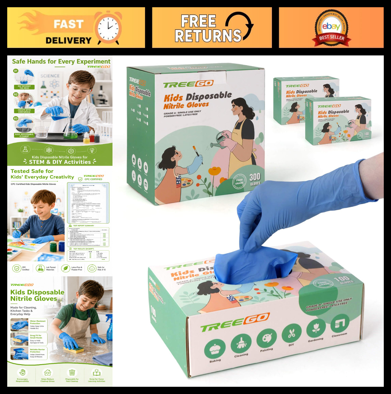 Kids Disposable Nitrile Gloves – Blue, Latex-Free, 300 Count, Powder-Free, Ages