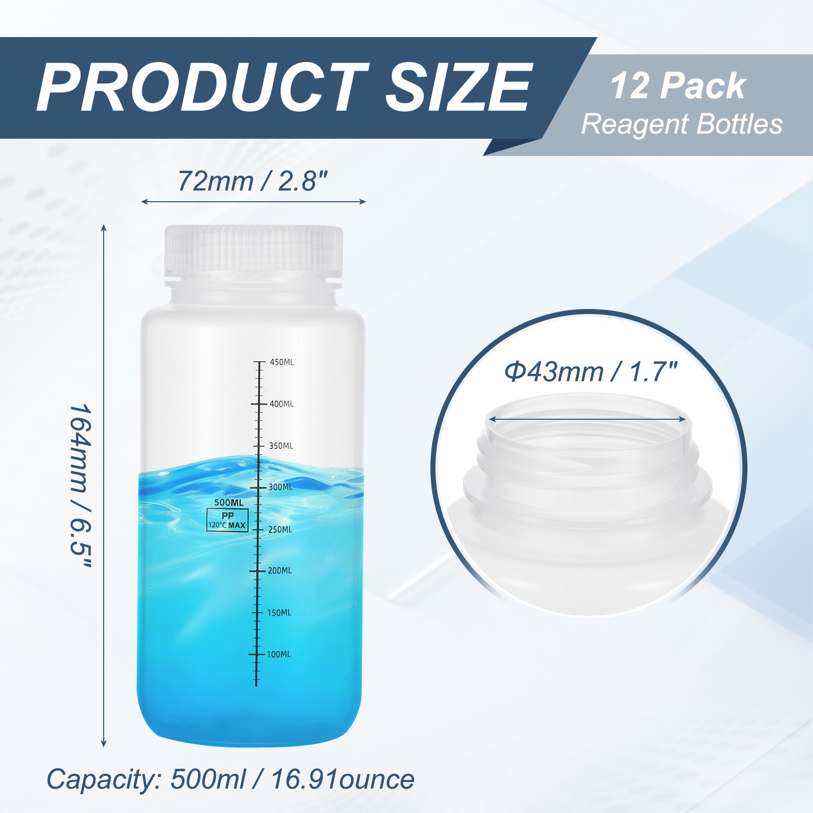 12Pcs Plastic Sample Bottles with Screw Cap, 17 oz 500ml Reagent Bottles, Clear