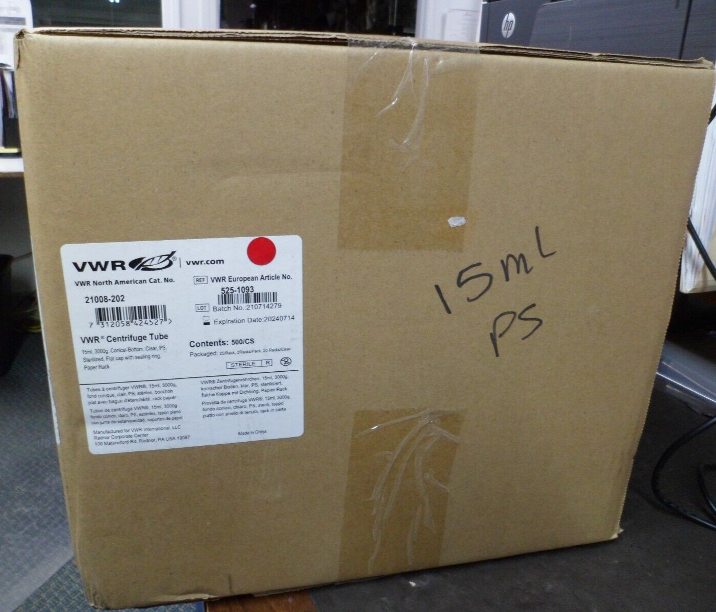 VWR 21008-202 Conical-Bottom Centrifuge Tube 15ml 3000g 500/Case Lot of 1 Case