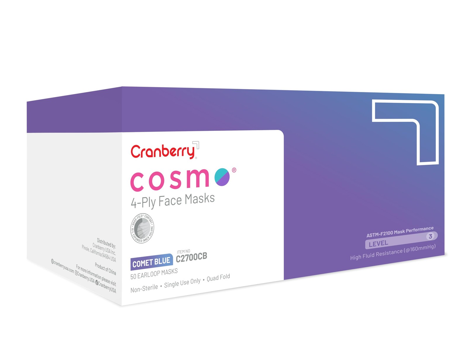 Cranberry USA C2700CB Cosmo Earloop Face Mask, Disposable, Blue (Pack of 50)