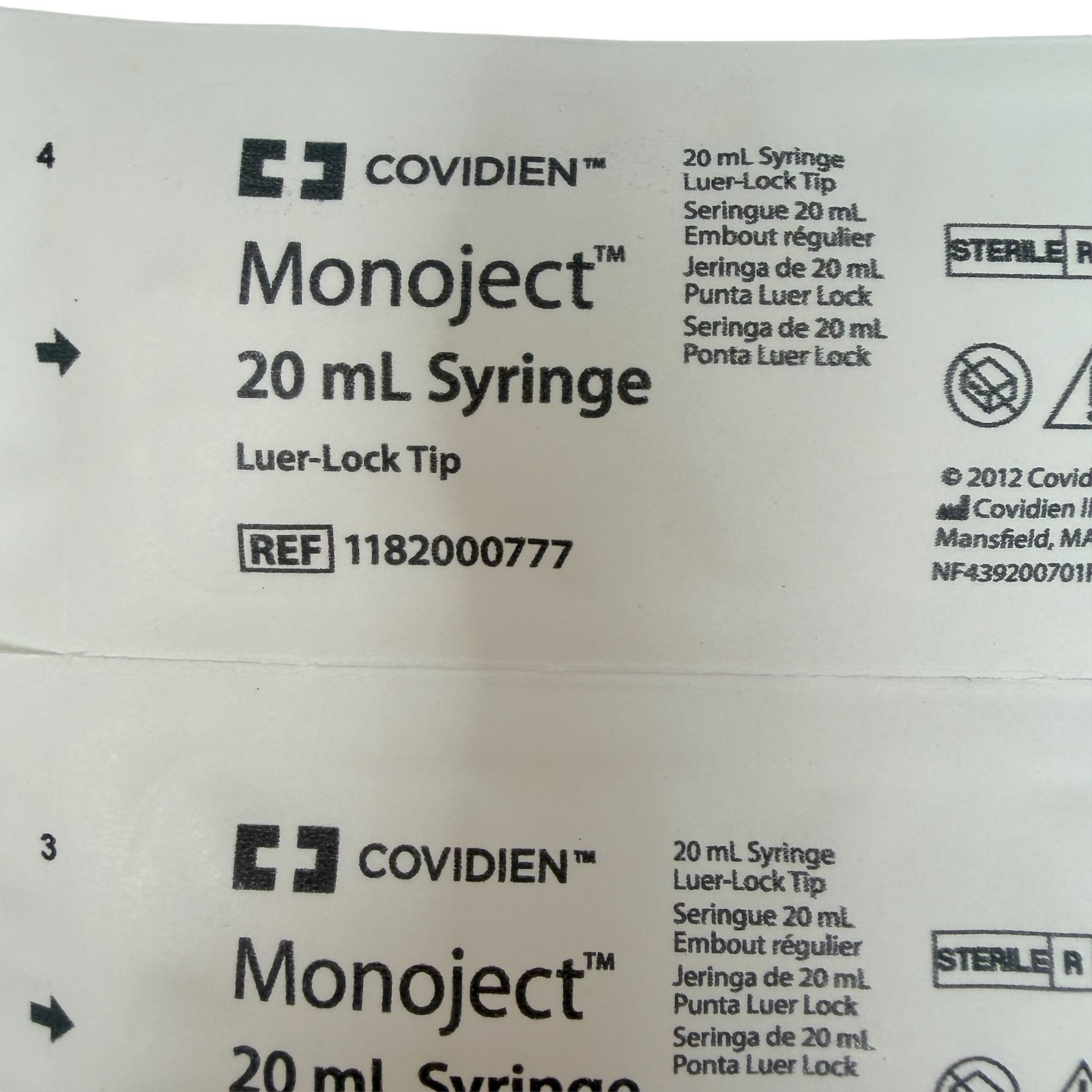 Covidien Monoject 20 mL Luer-Lock Tip Syringe REF 1182000777, 40 Pcs