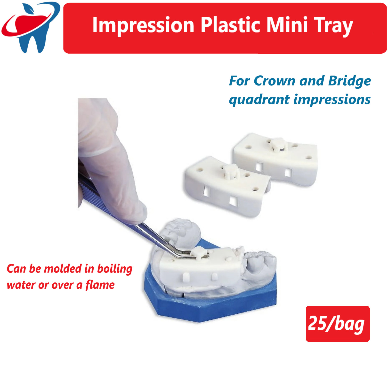 Dental Impression Mini Tray For Crown and Bridge Quadrant Impressions, 25/Bag