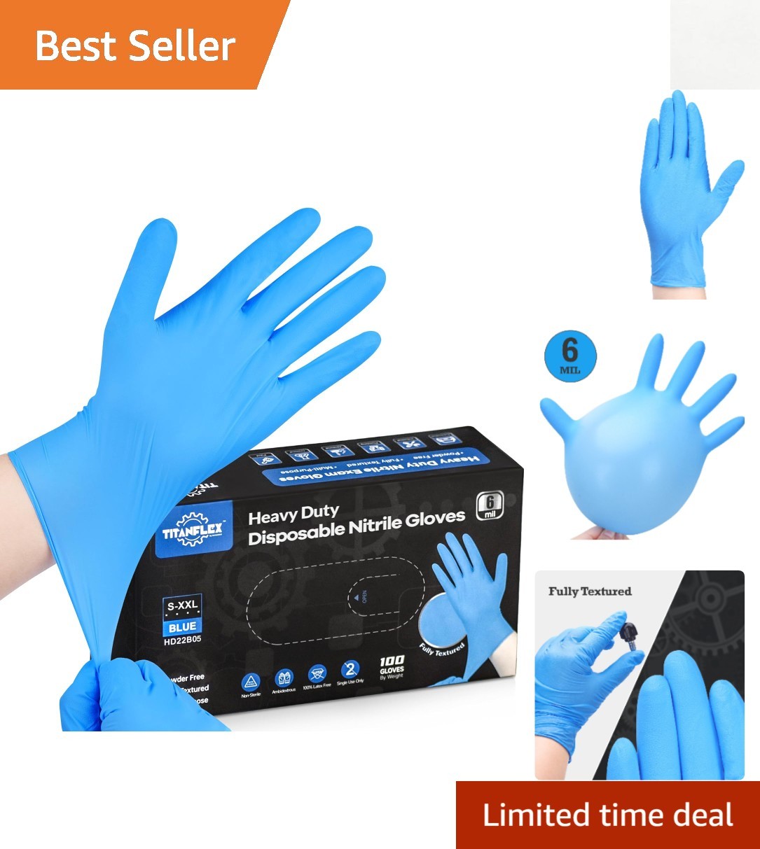 Food-Safe Blue Nitrile Disposable Gloves, 6-Mil Thick, 100ct Box – Medium Size