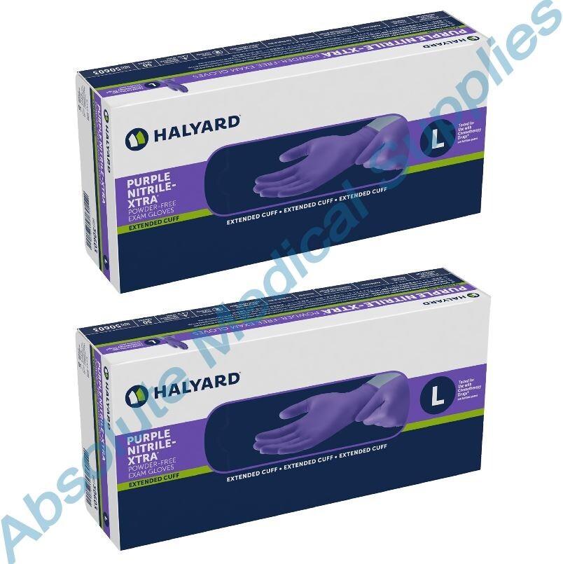 *100-Gloves* Halyard Purple Nitrile-XTRA PF Exam Extended Cuff 12″ Large 50603