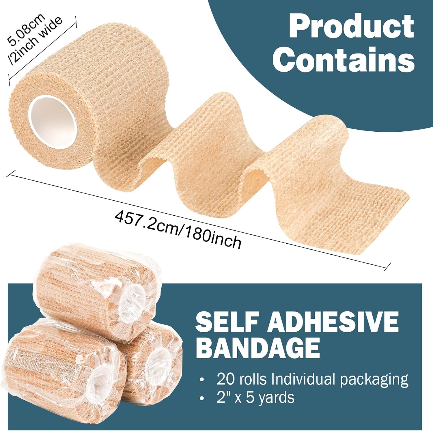 20-Pack Self-Adhesive Bandage Wrap, 2″x5yd, Skin Color Vet Tape