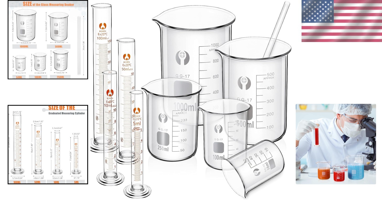 10 Pack Glass Lab Beaker Set Measuring Cup 50/100/250/500/1000, 5/10/ 50/100 …