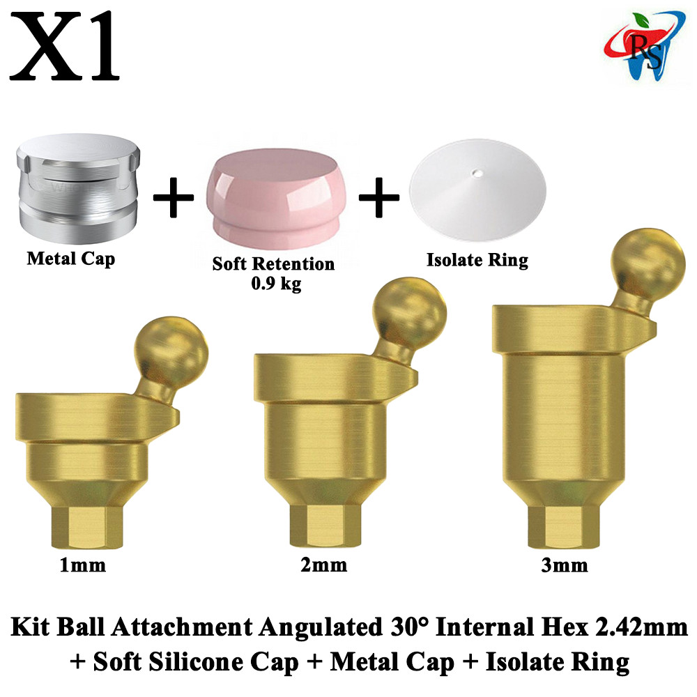 1x Kit Angulated 30° Ball Attachment Soft Silicone Cap Metal Cap Isolate Ring