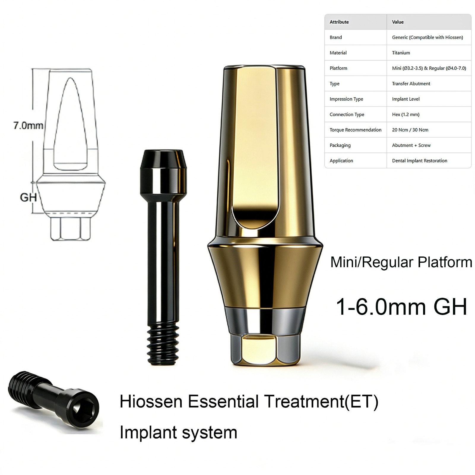 10Pcs Titanium Dental Hex Straight Abutment Hiossen ET Mini regular 7.0mm height