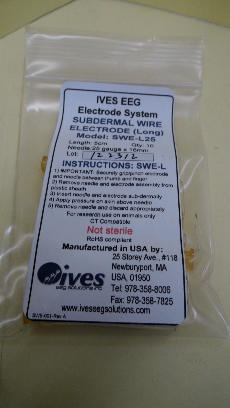 BAG OF 10 IVES EEG SWE-L 25 GAUGE X 16mm NEEDLE & 5cm SUBDERMAL WIRE ELECTRODE
