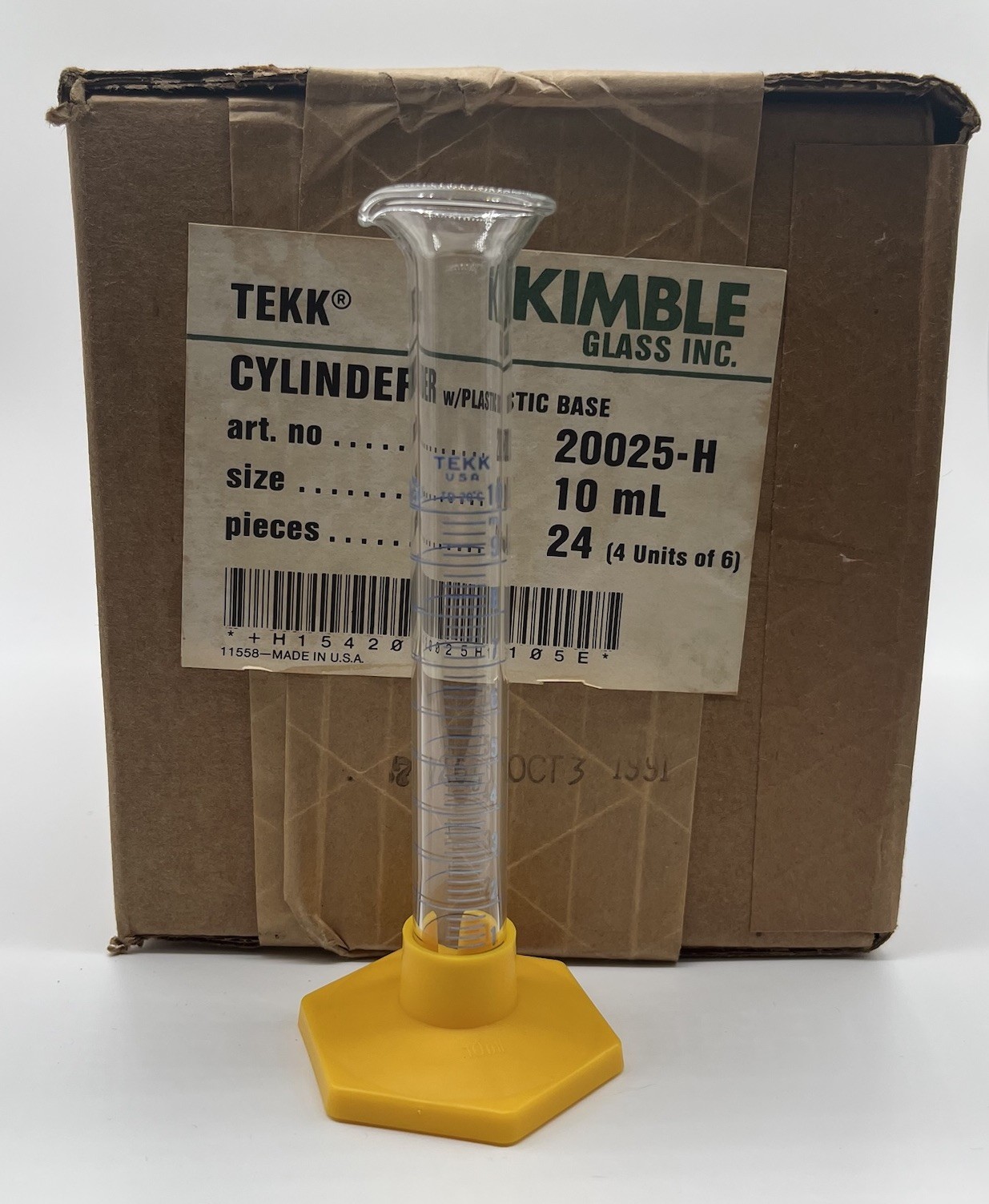 New Case Lot of 24 Kimble TEKK 10mL Glass Graduated Cylinders with Bases 20025-H