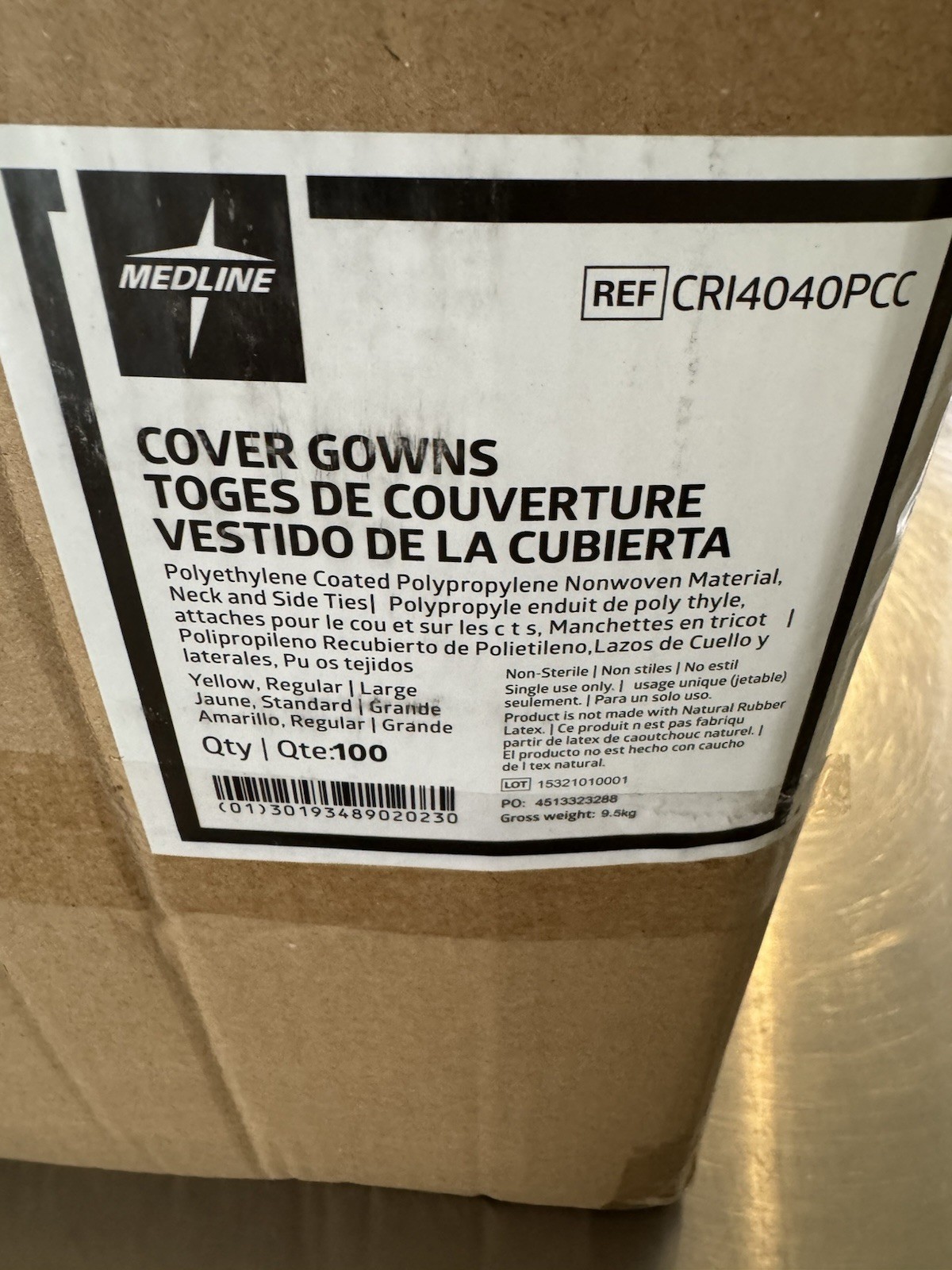 Medline Poly-Coated Protective Cover Gowns Sz Large Yellow CRI4040PCC Case 100