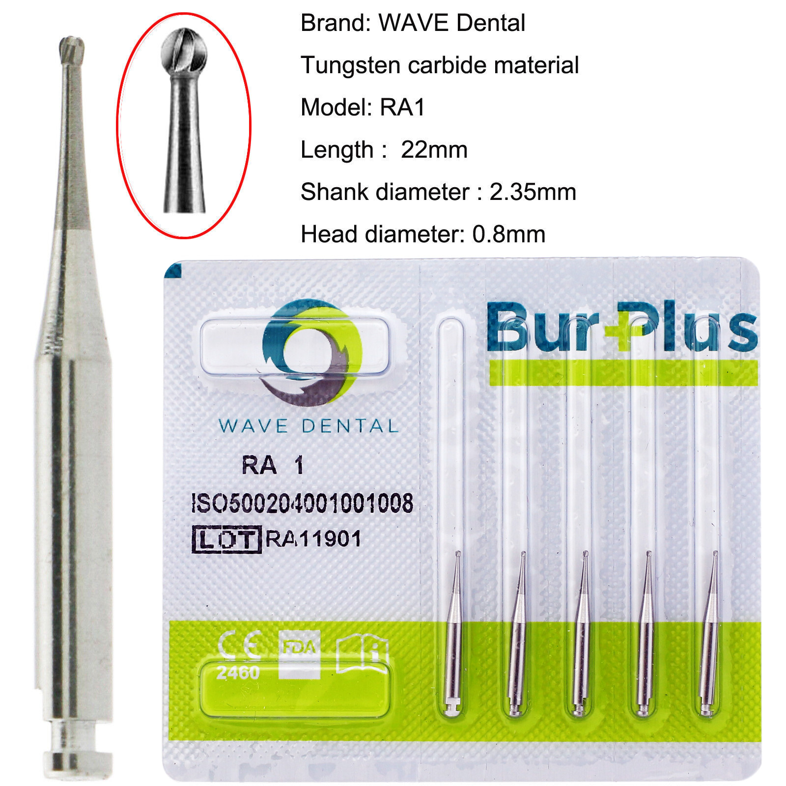 WAVE DENTAL Round Carbide Bur for Slow Speed Latch RA1-8 Taper Fissure RA702 699