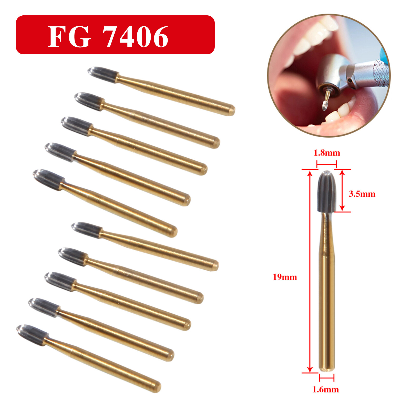 10Pcs Dental Trimming+Finishing Carbide Burs Egg Shape Football Gold FG7406