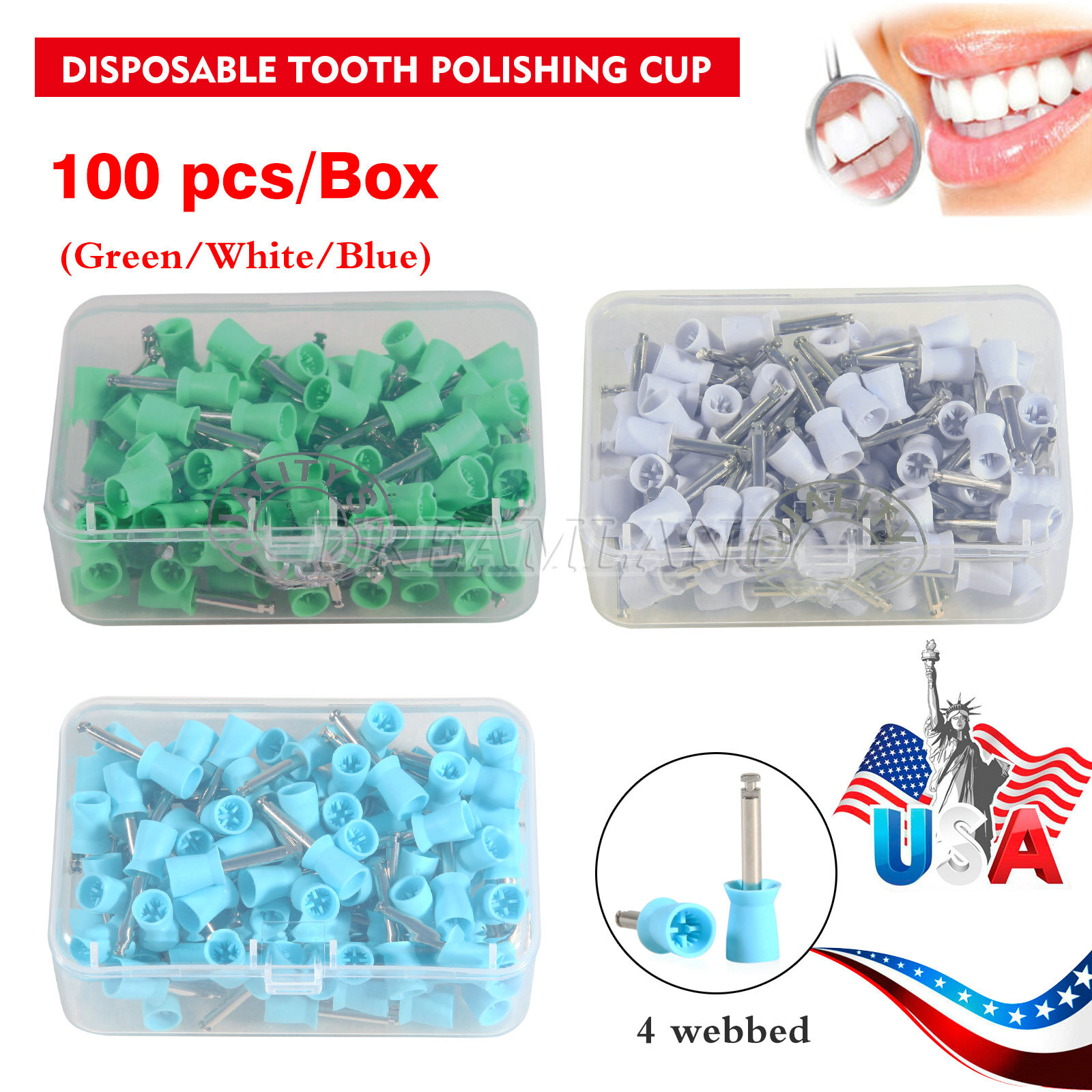 100PCS Dental Prophy Tooth Polishing Cups brushes Latch Type Rubber polish COLOR