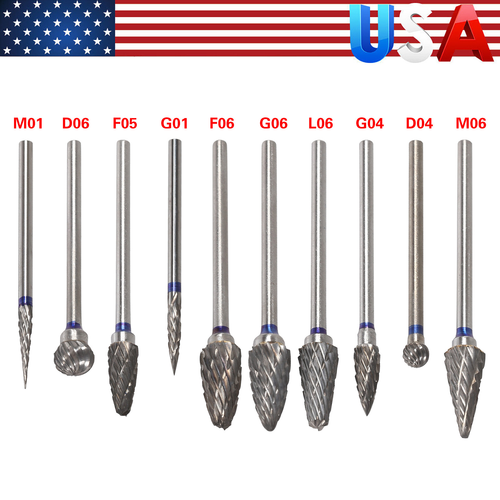 10Pcs Dental Lab 2.35MM Shank Polishing Straight Bur Drills Carbide Steel Burs