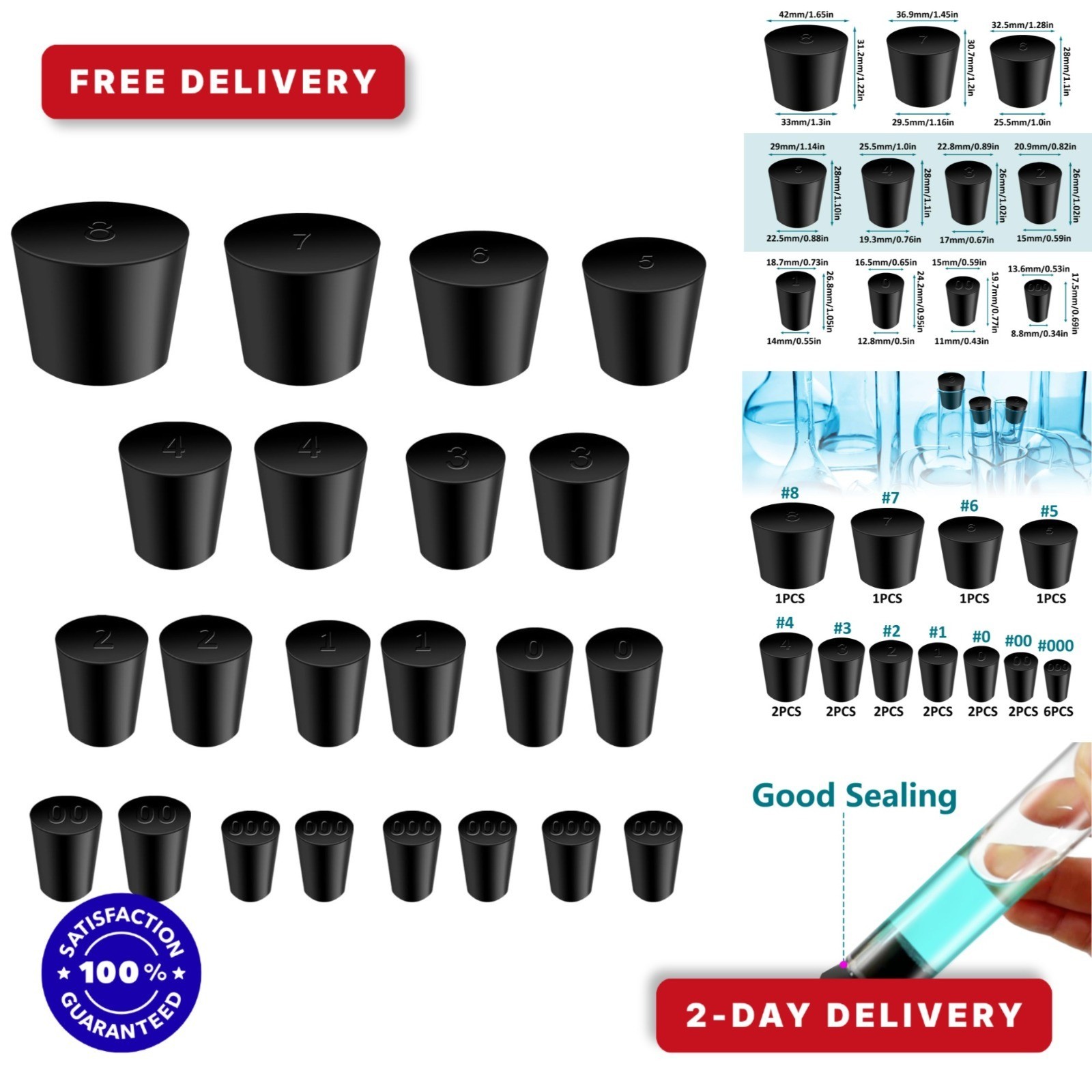 Rubber Stoppers – 22 Pcs Solid Rubber Stoppers, 11 Sizes for Lab Use