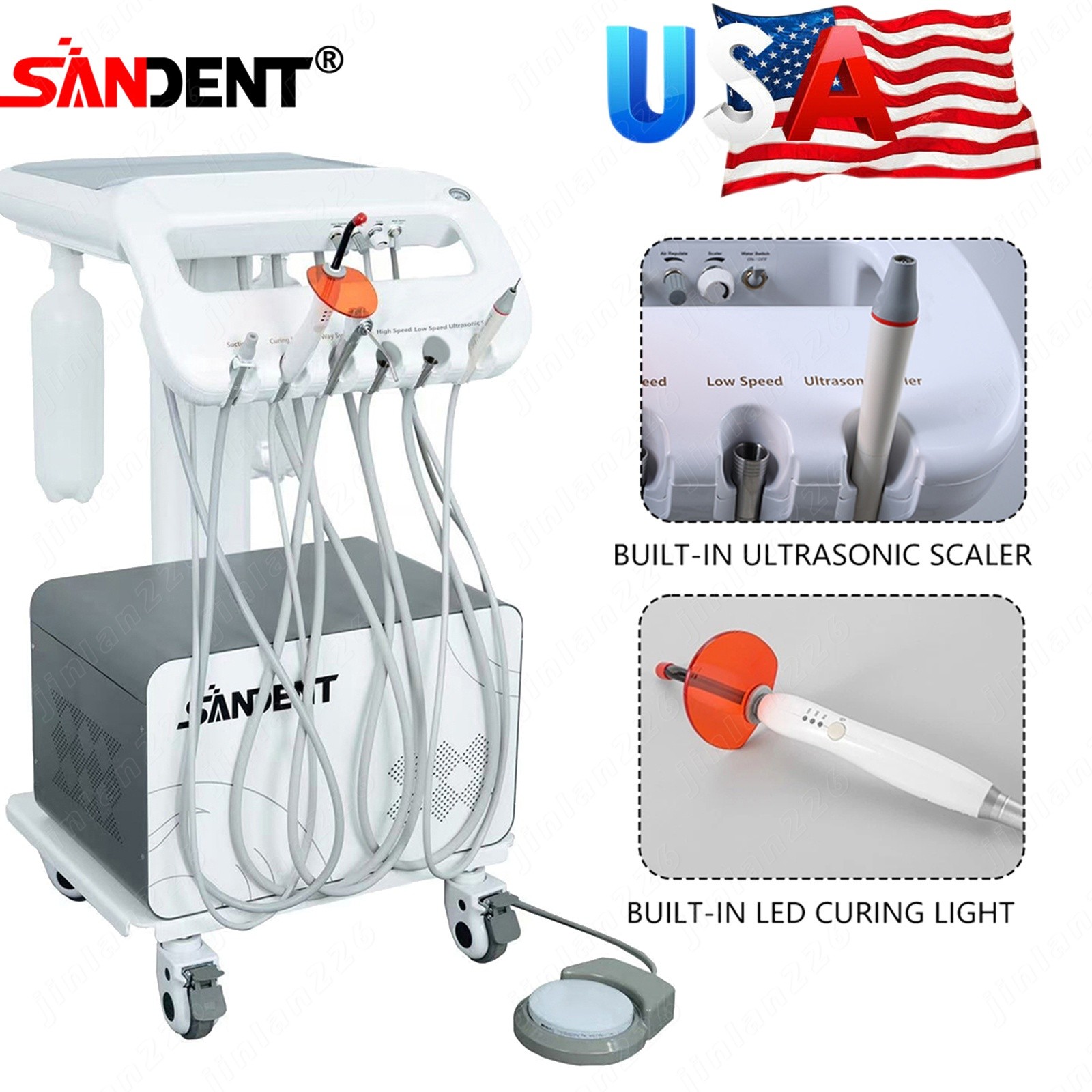 Dental Portable Cart Delivery Unit with Air Compressor LED Curing Light Scaler