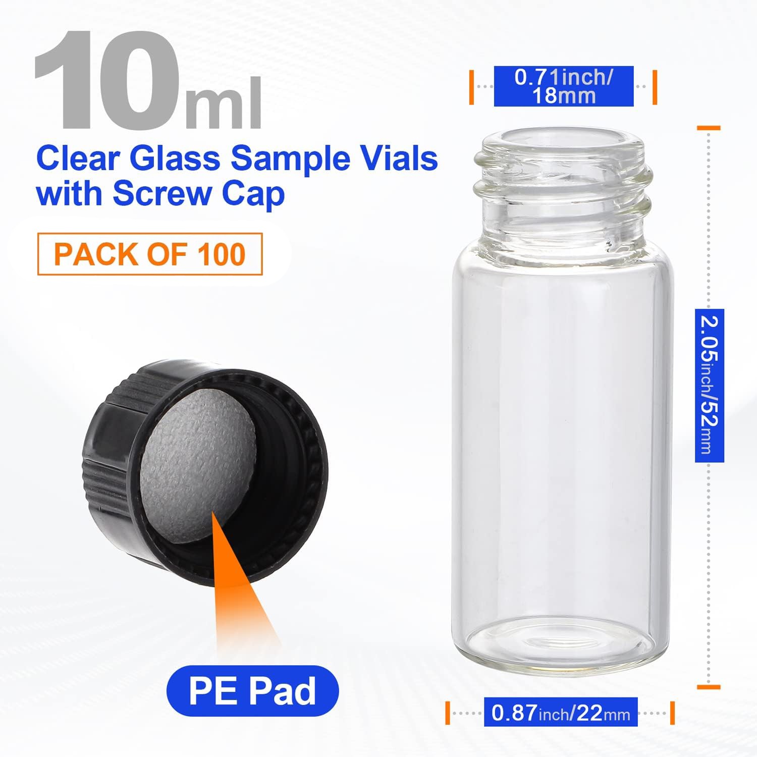 100x 10ml Clear Glass Vials w/Screw Caps and Plastic Stoppers 1 Dram Sample Vial