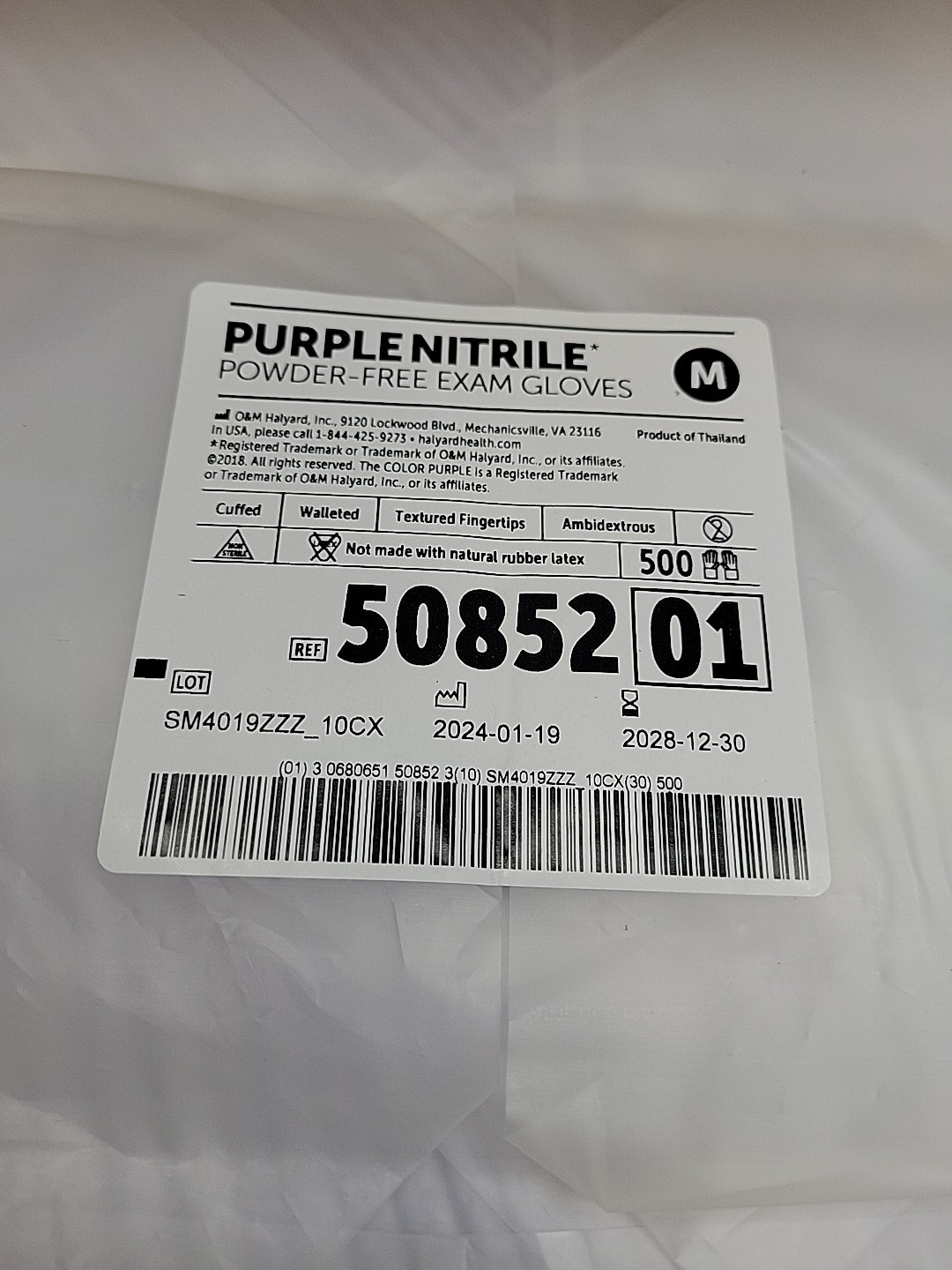 Halyard Purple Nitrile Exam Glove Singles, Size: Medium *500 Pair* *Exp: 12/28*