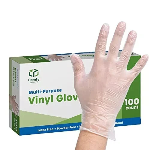 Comfy Package [100 Count] Clear Powder Free Vinyl Disposable Plastic Gloves –