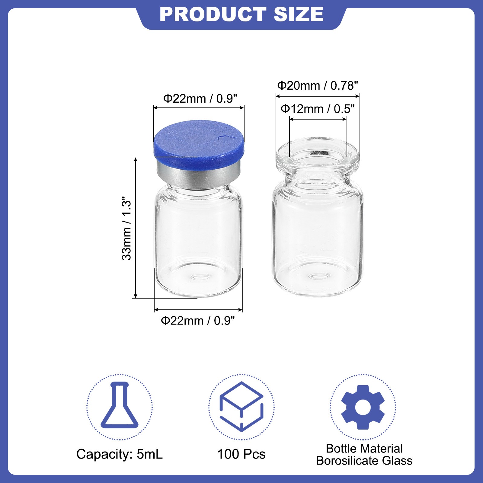 100pcs 5ml Sample Vials Lab Empty Vials with Rubber Stopper Caps Labels Clear