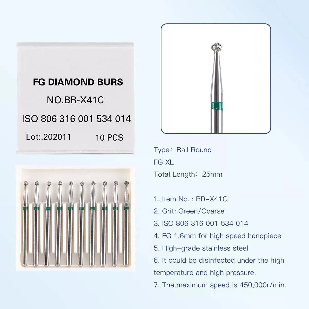 10 Pcs/Box Dental Surgical Diamond FG 1.6mm Burs Ball Round High Speed Handpiece