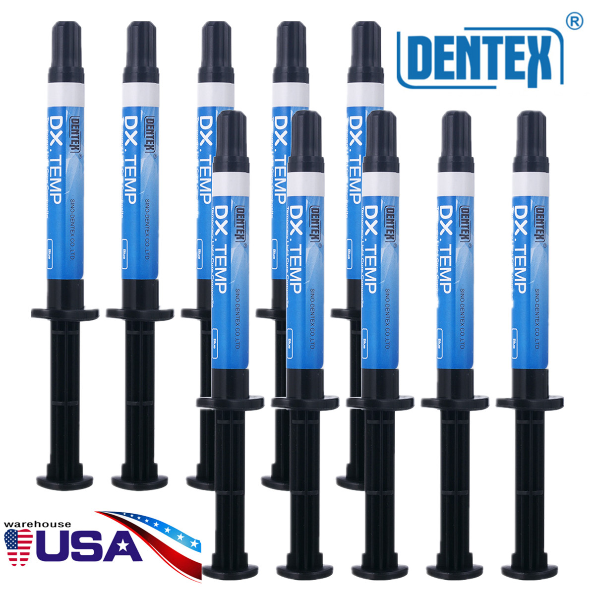10X DENTEX Dental Temporary Flow Light Cure Filling Composite Resin Blue Syringe