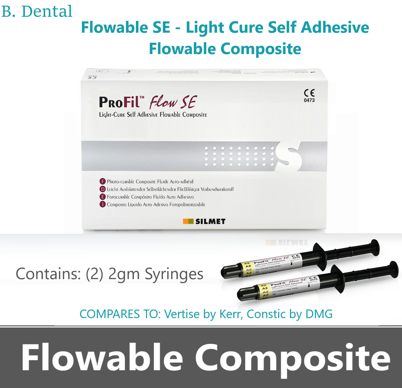 Dental Flowable composite SE, light cure Self-adhesive, (2) x 2gm, Shade A1, USA
