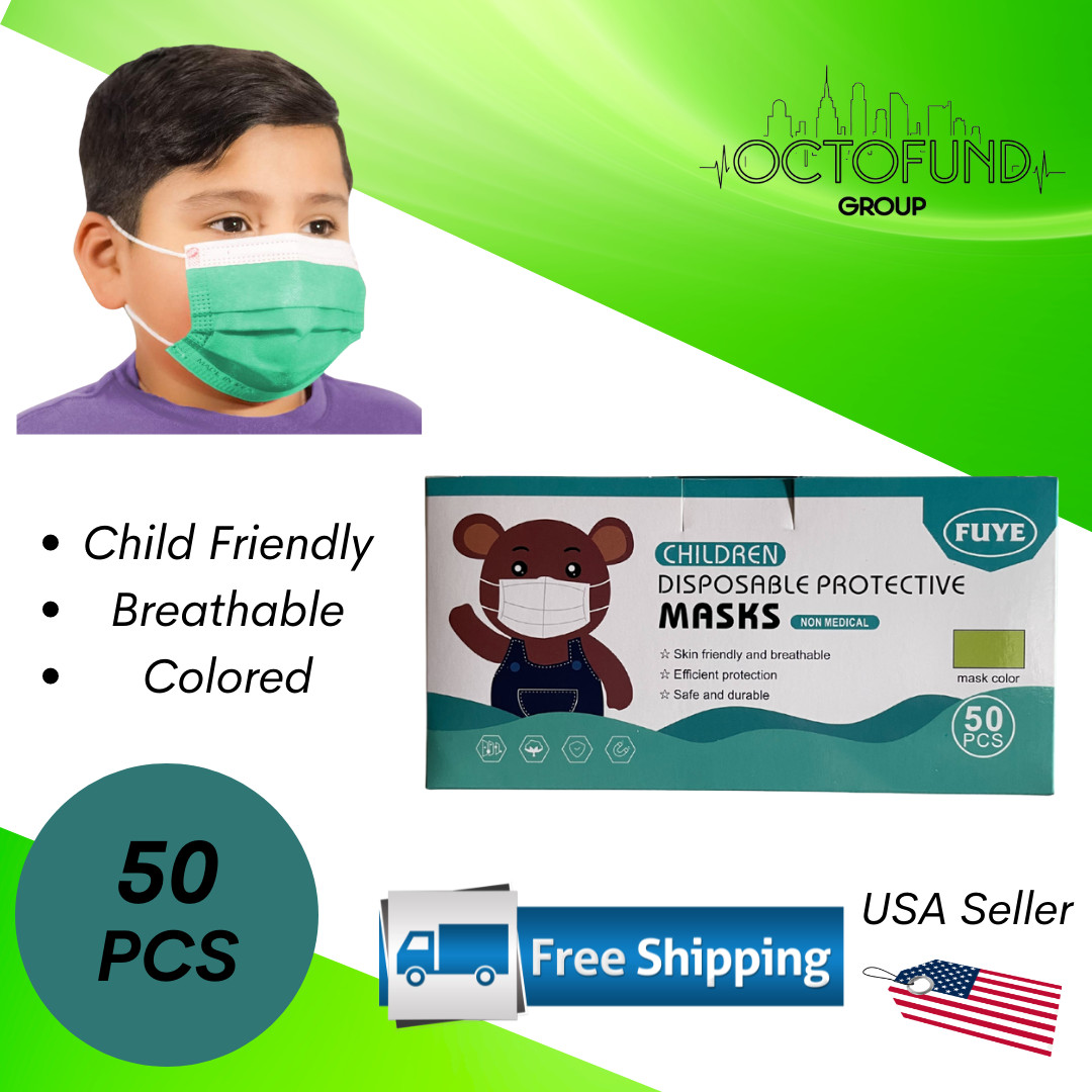 50 PCS Kids Disposable & Comfortable Protective 3Ply Light Green Face Mask