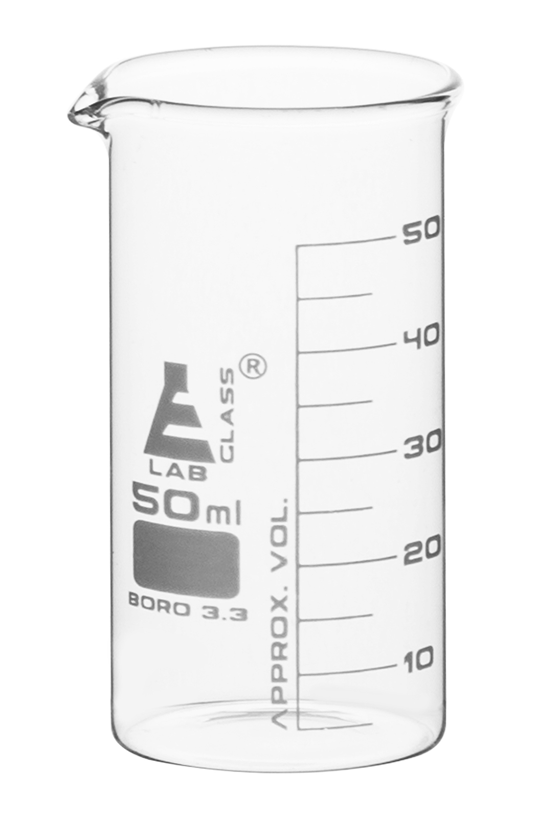 Beaker, 50ml – Tall Form – White Graduations – Borosilicate Glass – Eisco Labs