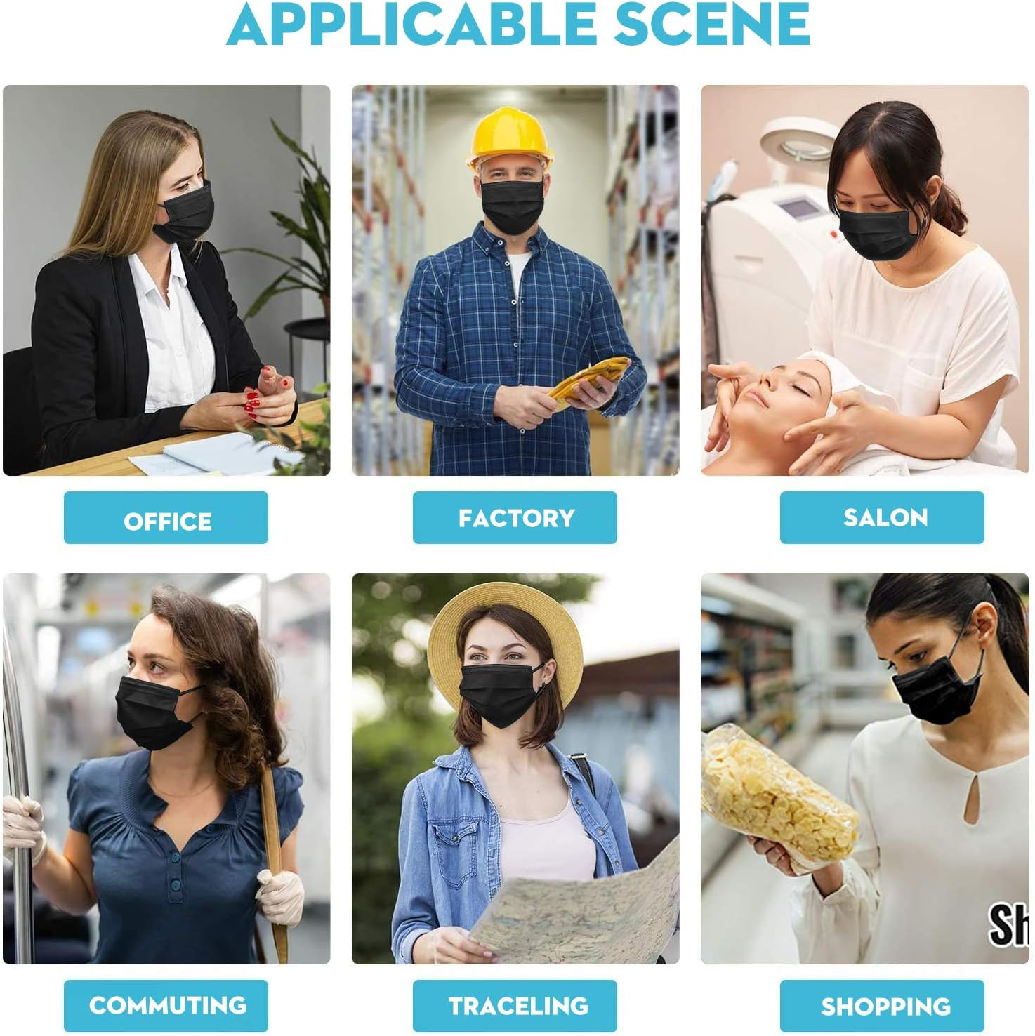 Black Disposable Face Masks 4 Layers Protection 50Pcs, Breathable Dust Mask Mout