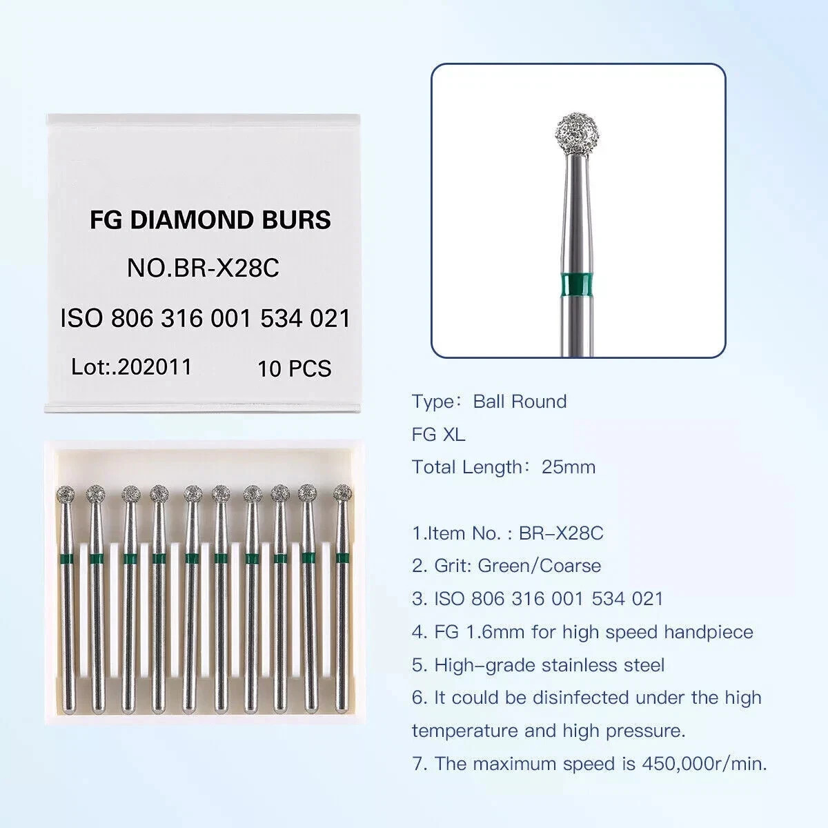 10 Pcs/Box Dental Surgical Diamond FG 1.6mm Burs Ball Round High Speed Handpiece
