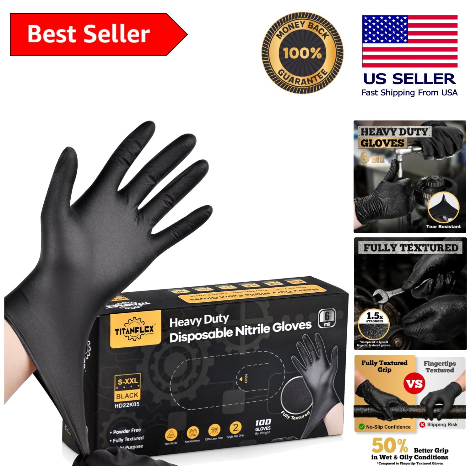 Heavy Duty Black Nitrile Disposable Gloves 100ct – Non-Sterile, Food Safe, 6 Mil