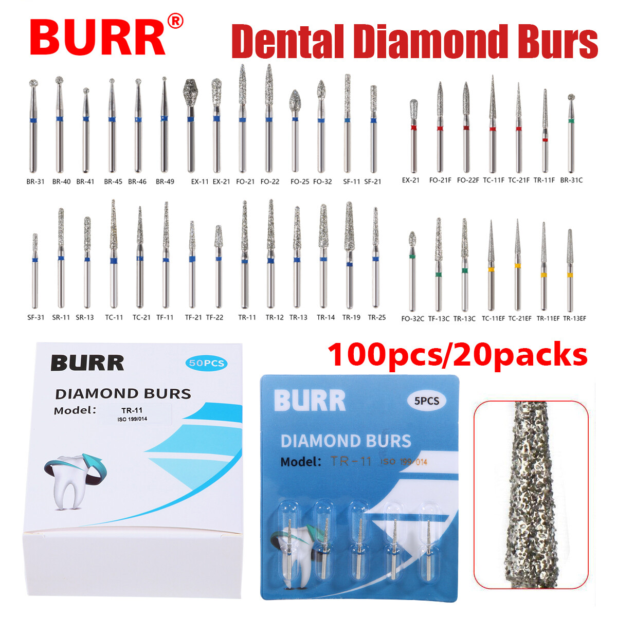 100pcs Dental Diamond Burs For High Speed Handpiece Friction Grip 1.6mm