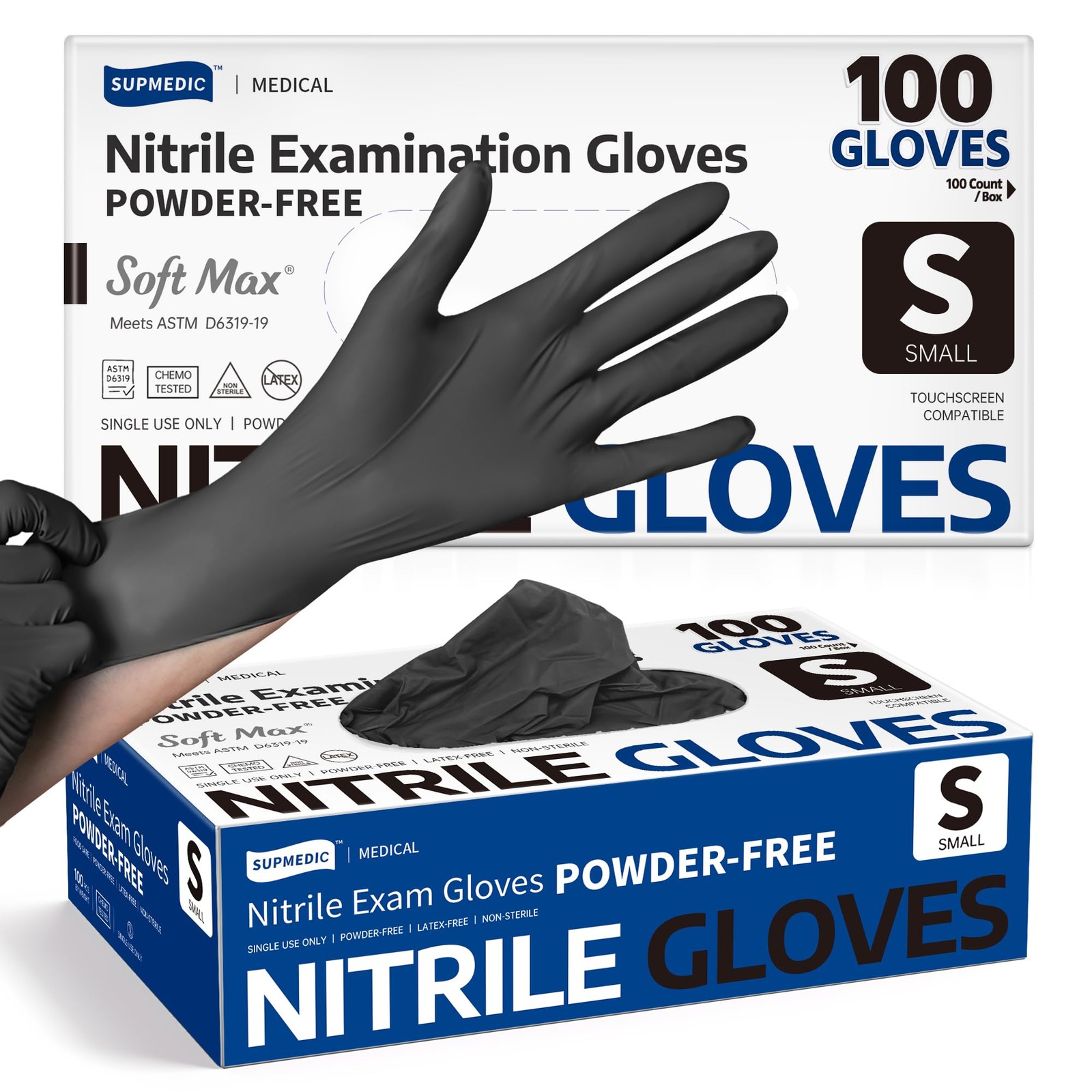 Supmedic Disposable Nitrile Gloves, Chemical Resistant, Small, Small (Black)