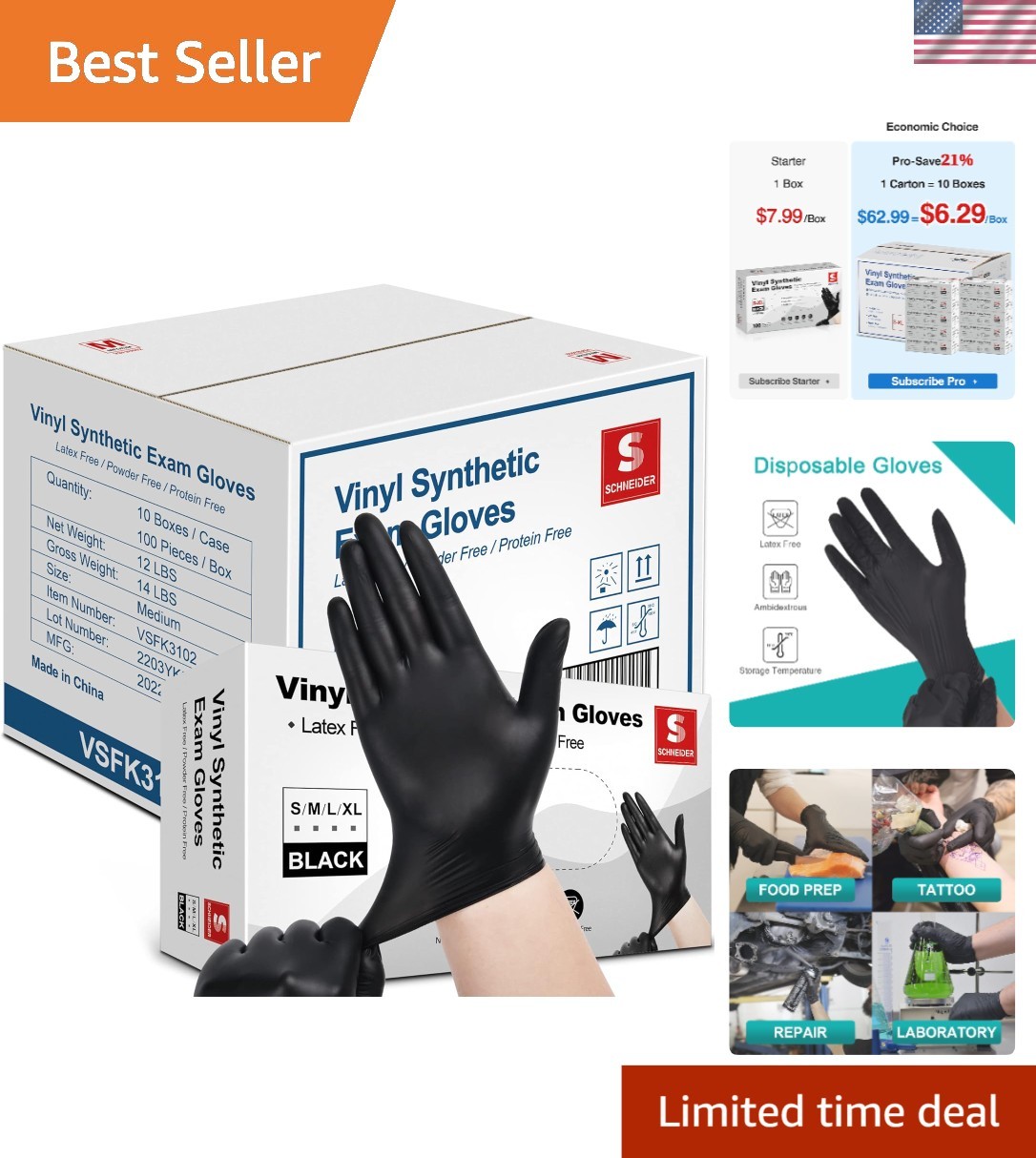 Disposable Vinyl Exam Gloves 4 Mil X-Large Black Latex-Free Food Medical