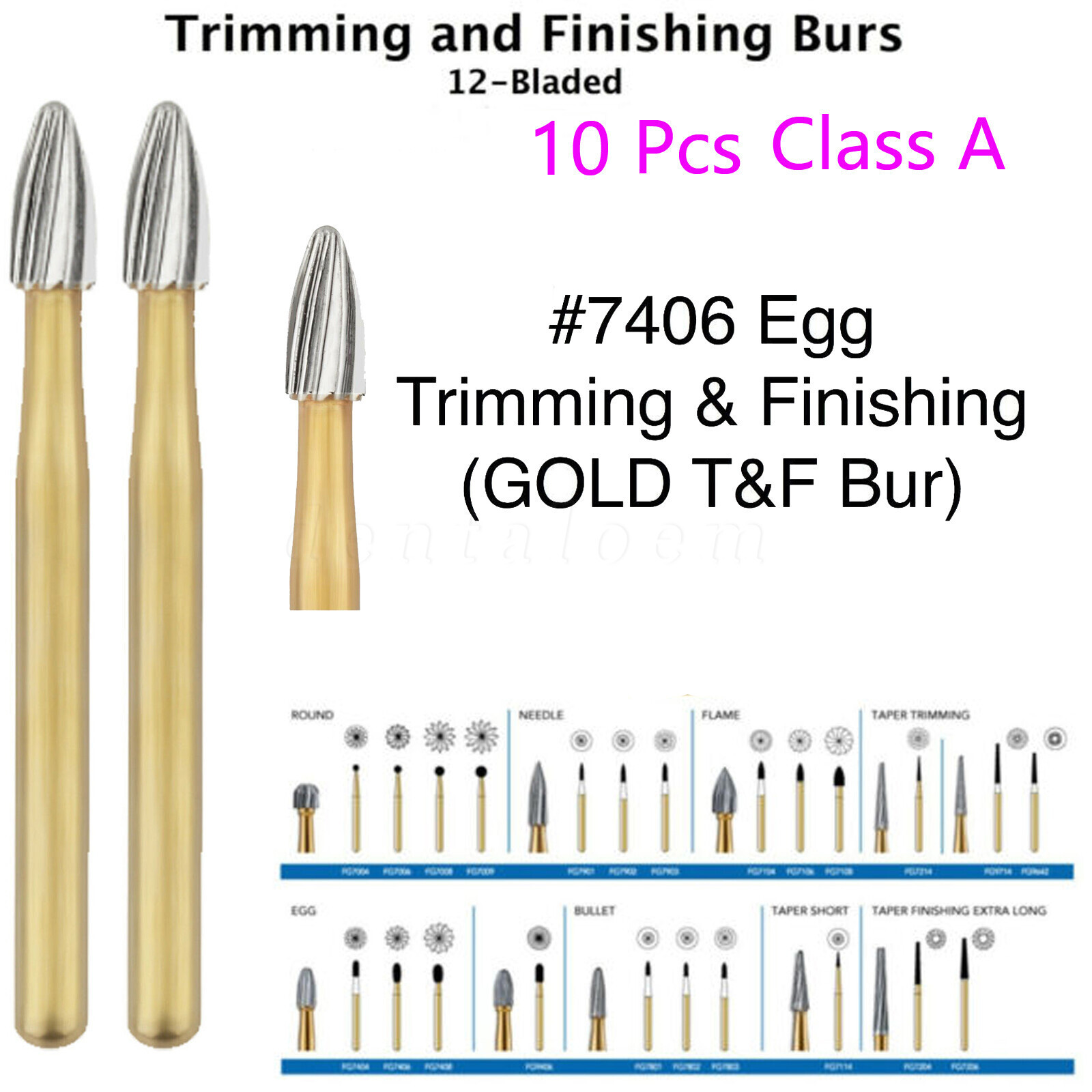10Pc Dental Carbide Burs Trimming & Finishing Gold 7006/7406/7408/7901/7902/7903