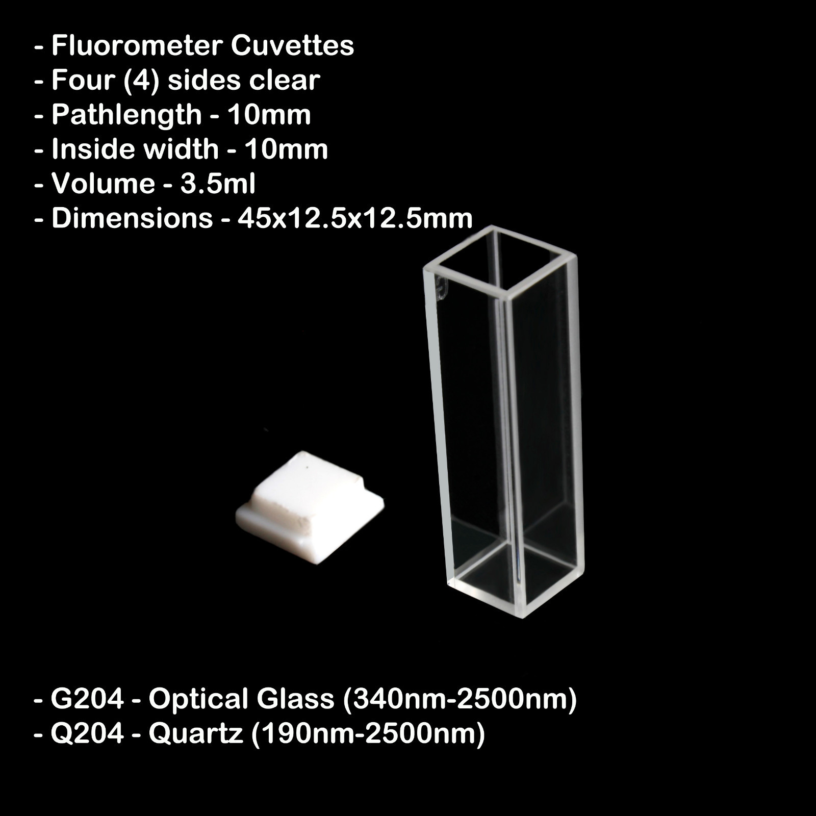 Azzota® 10mm Pathlength Standard Fluorometer Cuvette, 3.5ml, Quartz