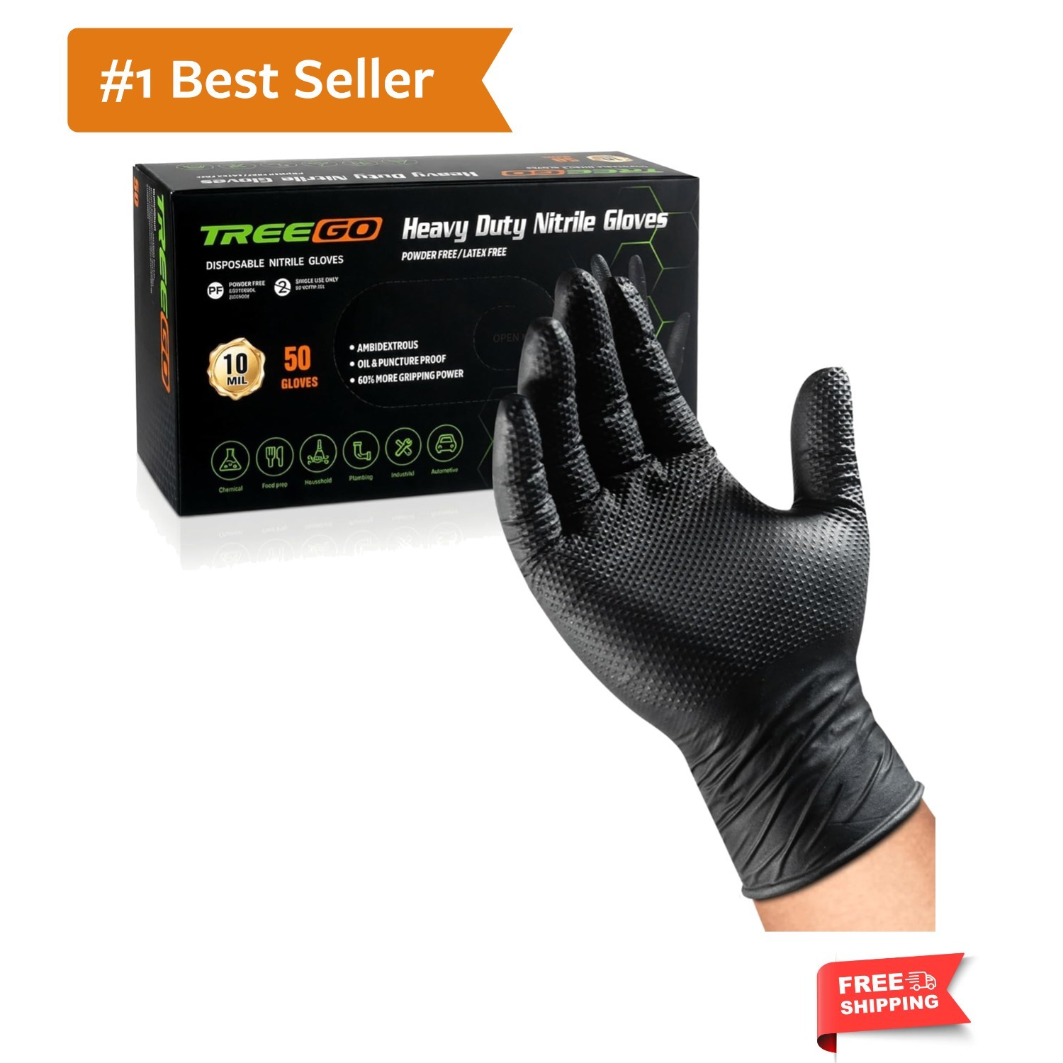Industrial 10 Mil Nitrile Gloves for Mechanics – Raised Grip, 50 Pack Large Size
