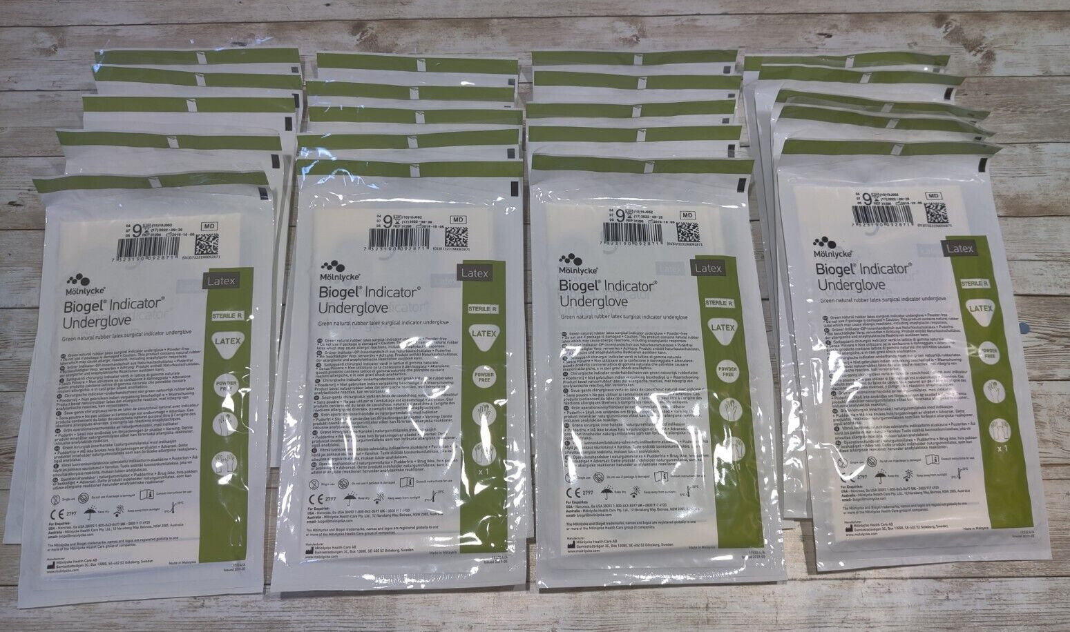 20 Pack Molnlycke Biogel Sz:9 Indicator Underglove Powder-Free Latex Green 31290