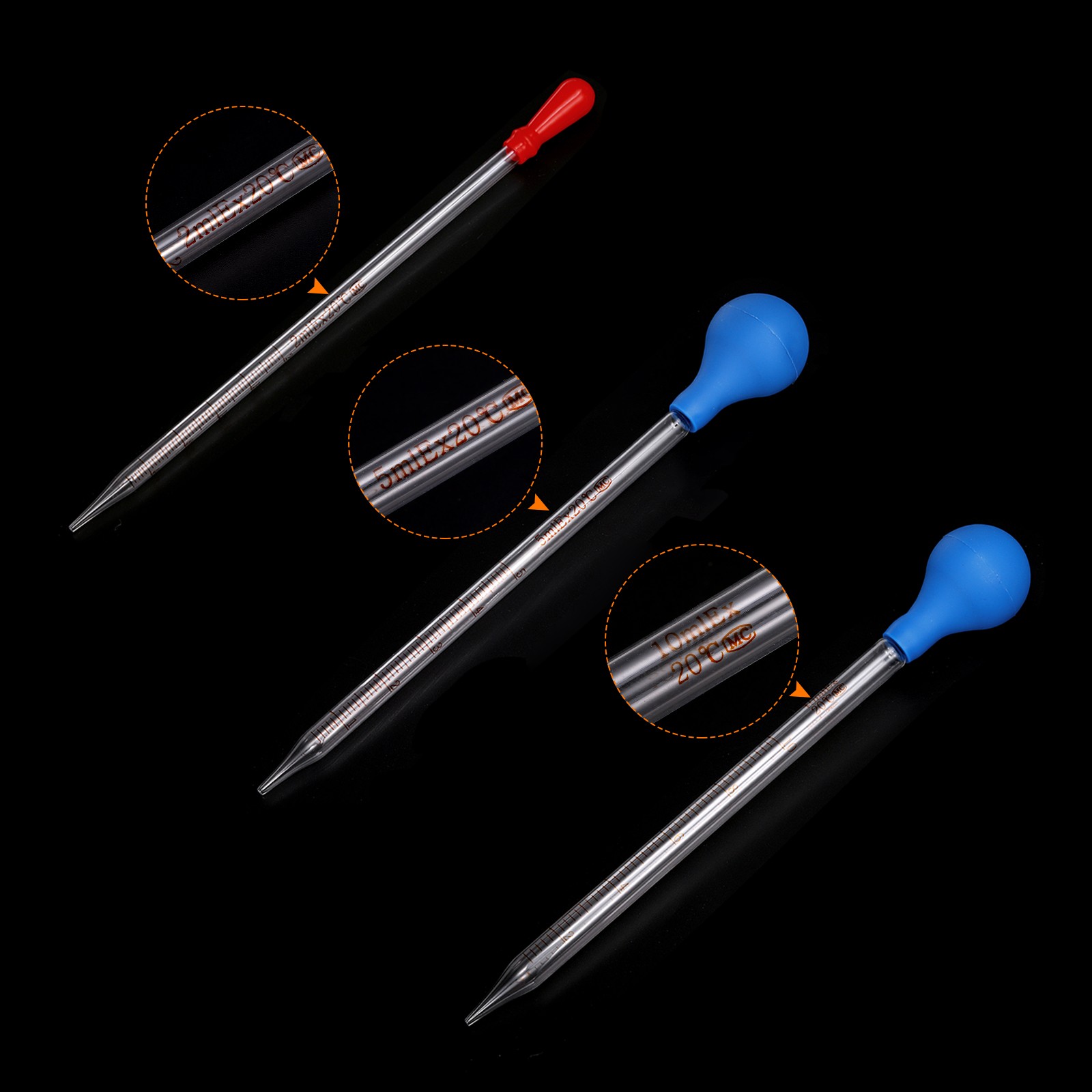 Graduated Pipettes, 3 Pack 2ml 5ml 10ml Glass Pipette with Bulb