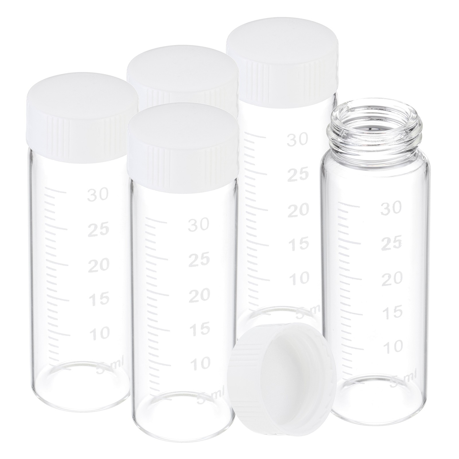 5 Pcs 30ml Clear Glass Vials with White Screw Caps, Sealed Bottles with Scale