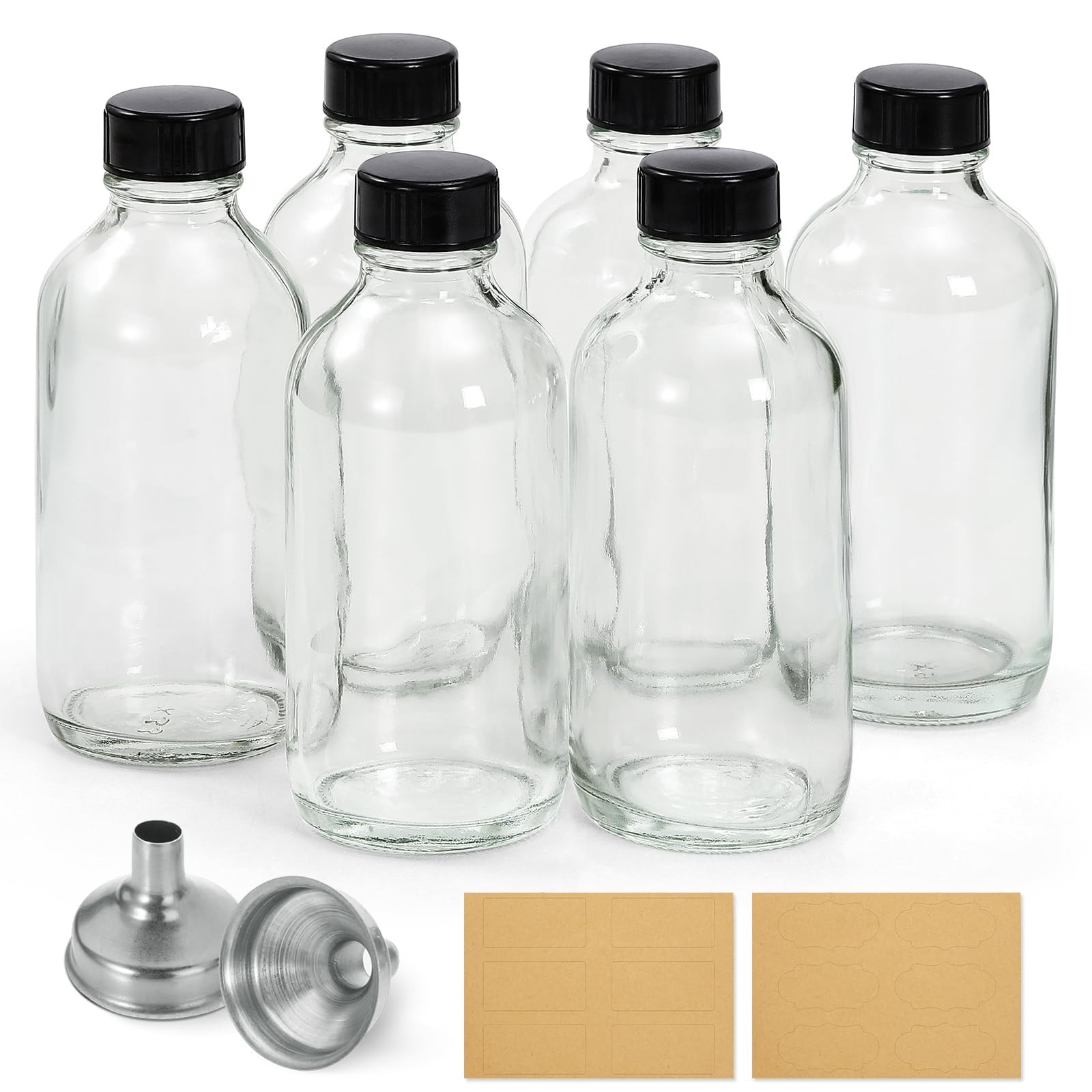 6 Pack, 4 oz Small Clear Glass Bottles with Lids & 2 Stainless 4oz,