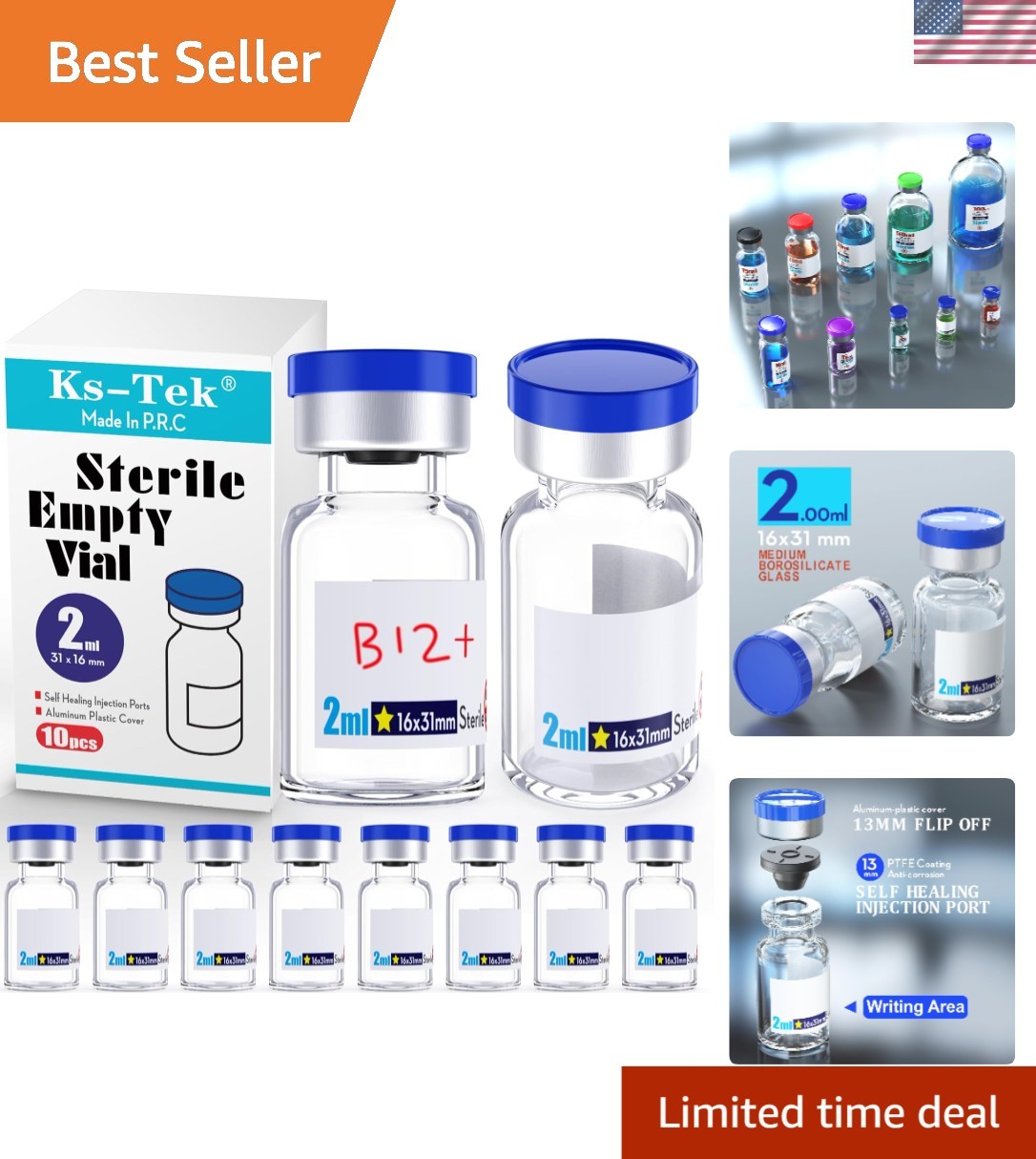 Sterile Glass Vials 2ml with Aluminum Cap Self Healing Injection Port 10 Pack