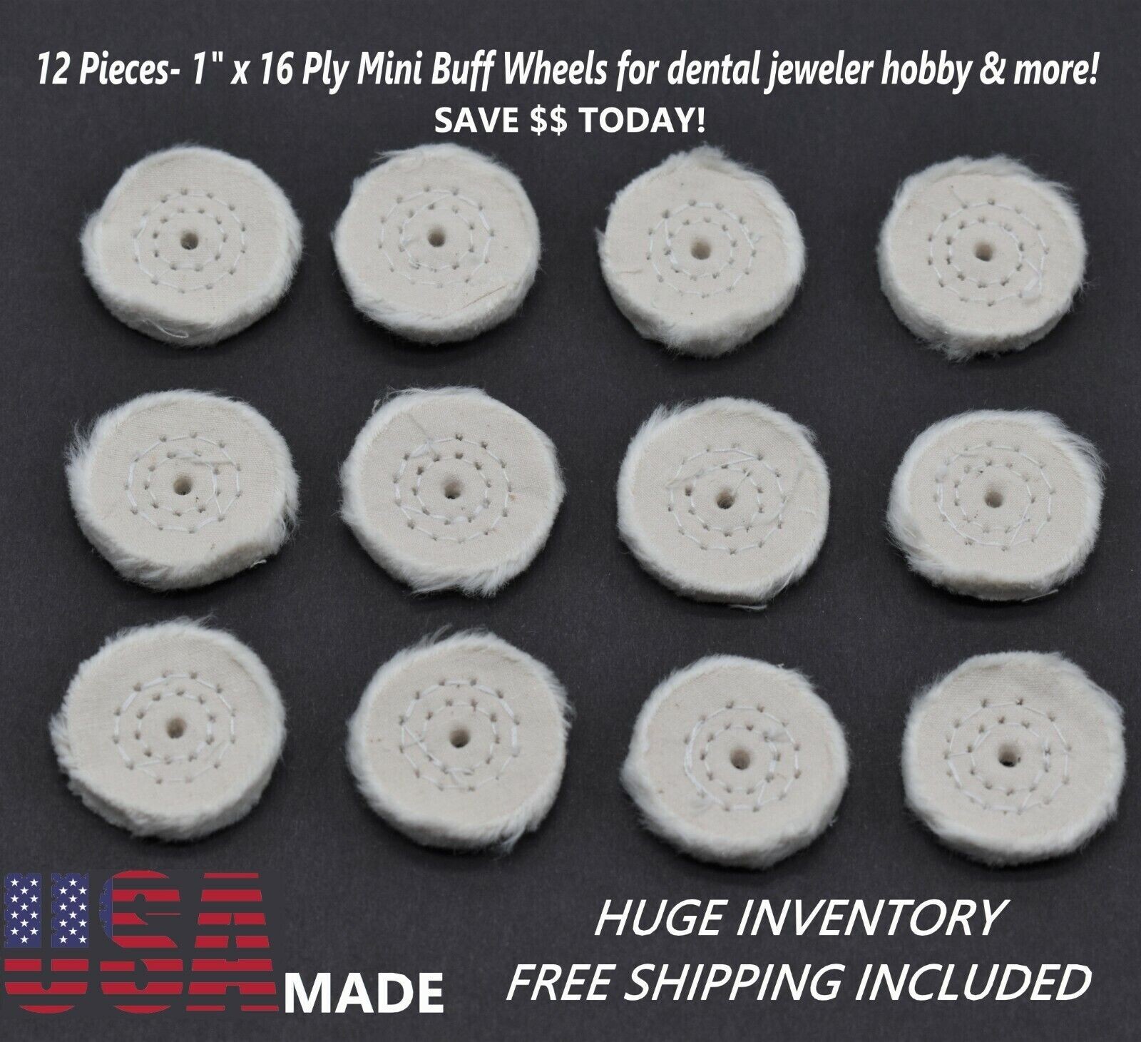 Mini Muslin Buff, 1″ x 16 ply, White, Stitched Center, 12/Pk. Exquisite Quality