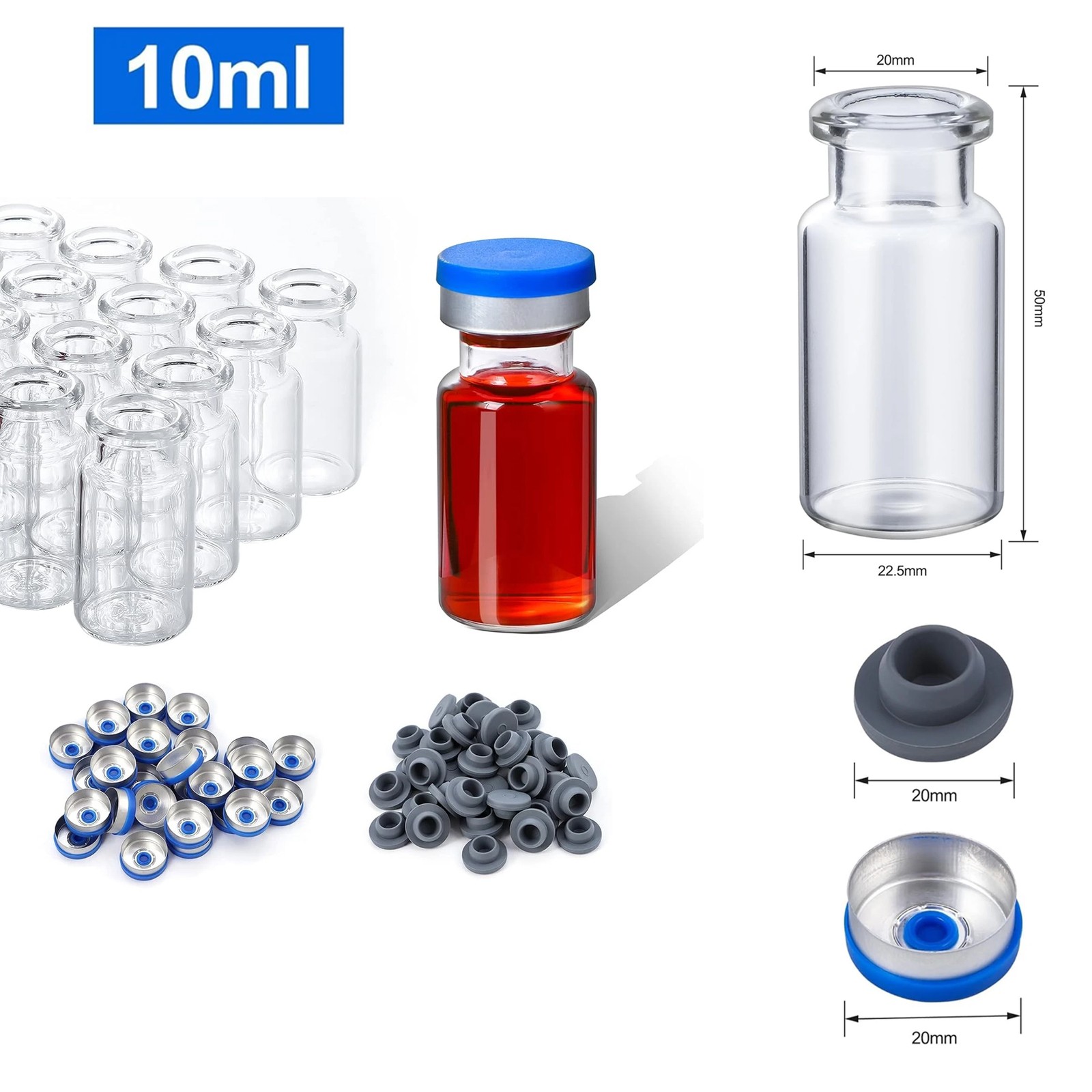 100PCS 2/3/5/10/mL Glass Vials Headspace Vials Lab Vials w/ Caps Sample vials