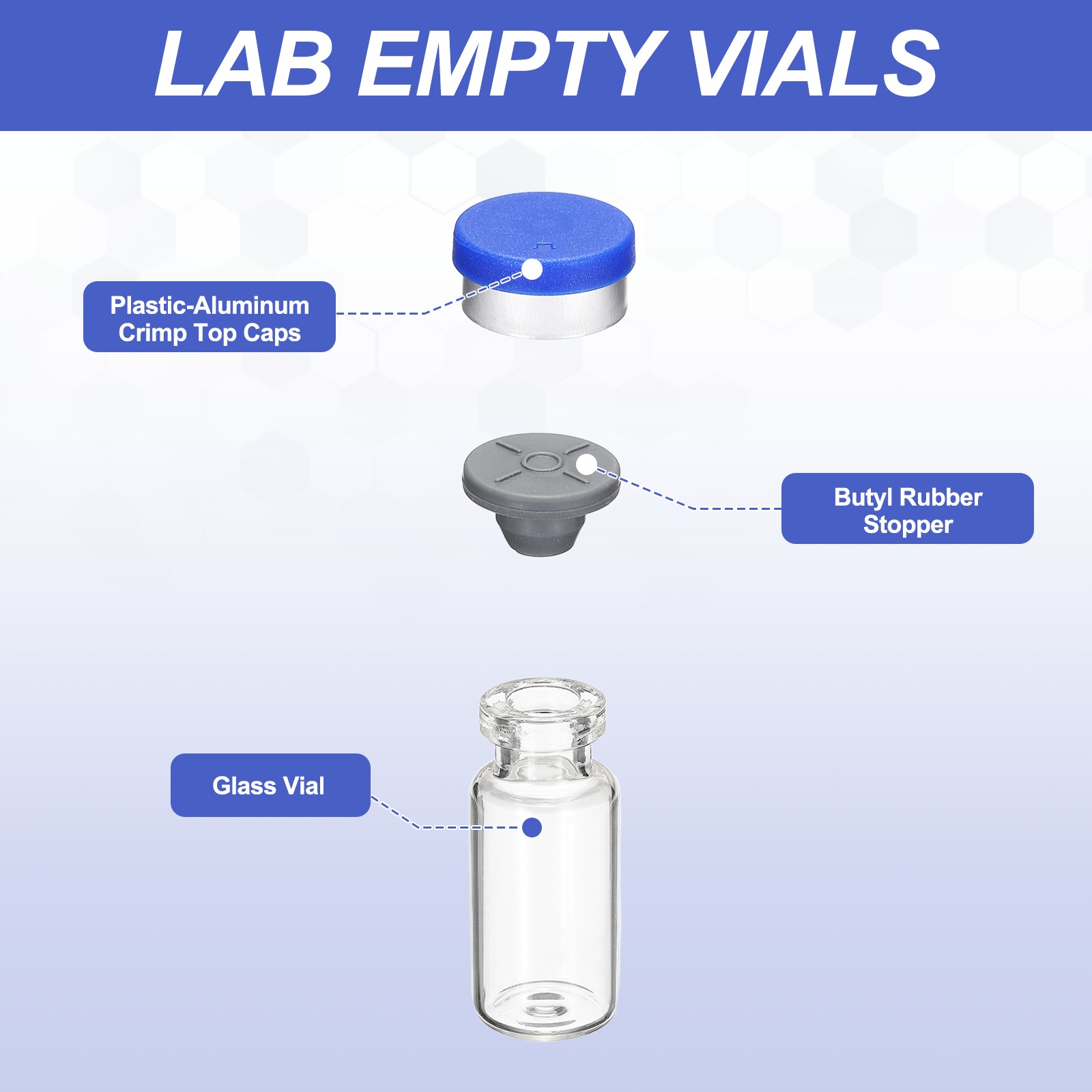 10 Pack 3ml Lab Empty Vials for Injection, Transparent and Blue