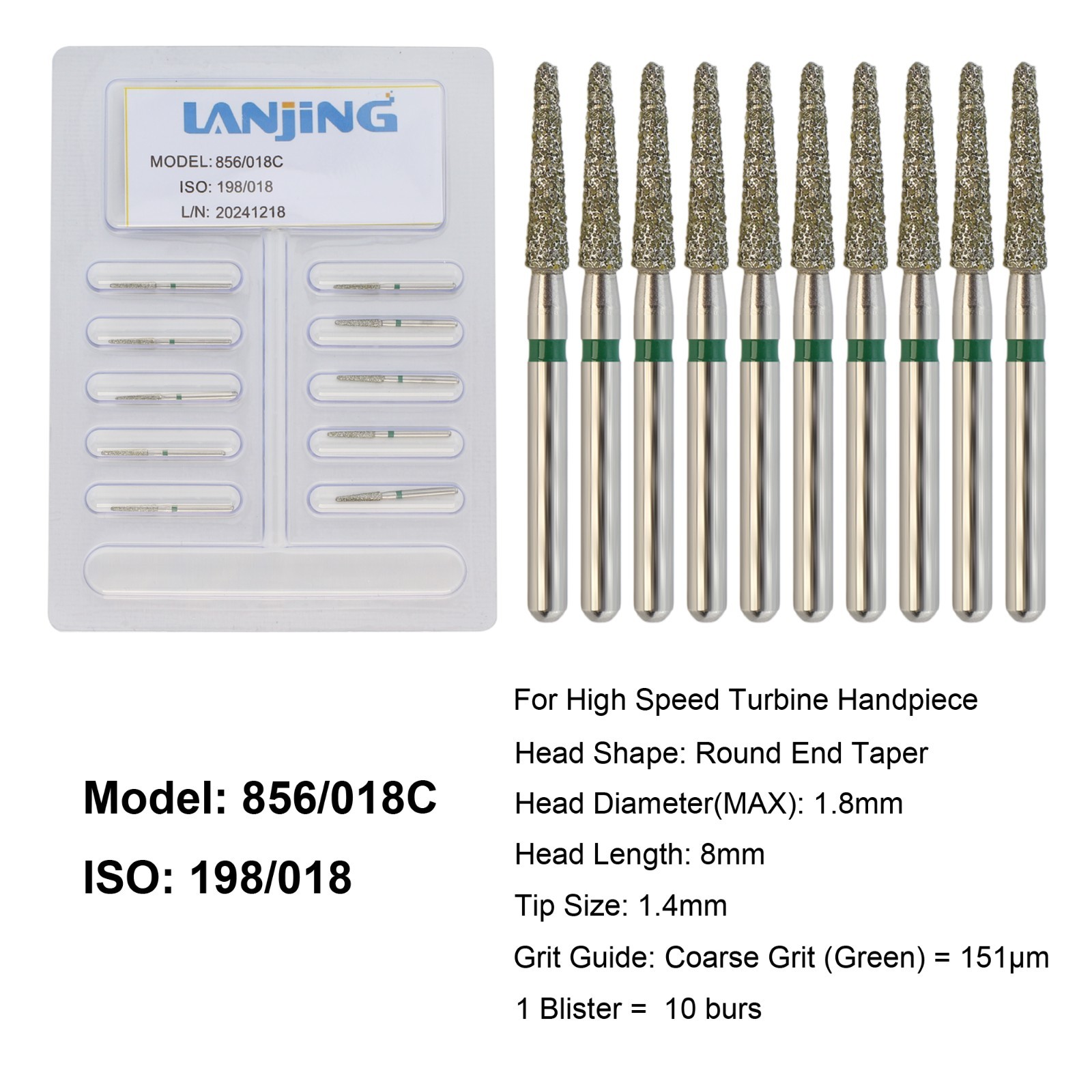 Dental Round End Taper Diamond Burs FG Coarse High Speed Friction Grip 856/018C